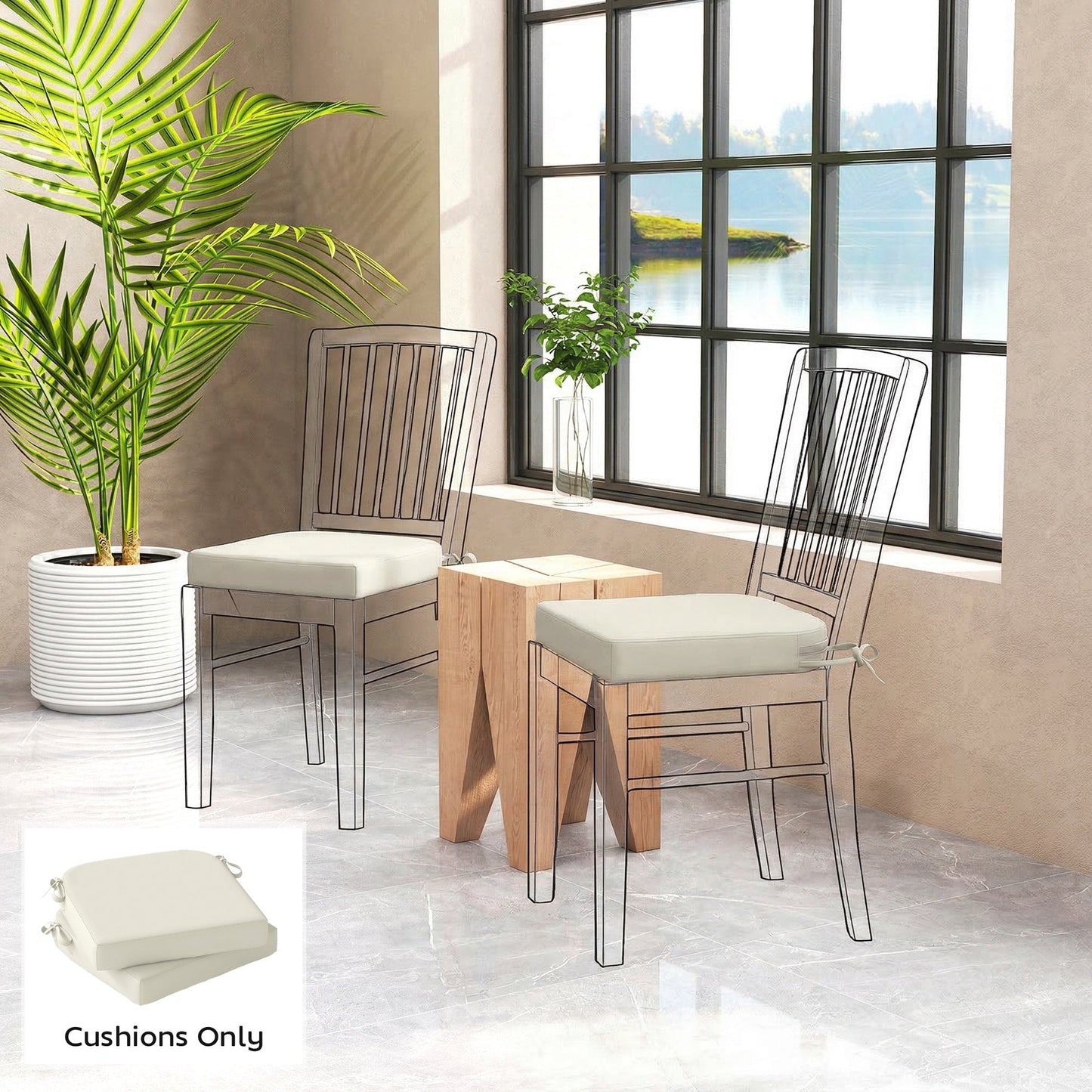 Outdoor Chair Seat Cushions Set of 2, Garden Chair Cushions with 7cm Thick Foam & Ties, Water Repellent and UV Resistant Covers for Patio Furniture 40x40cm, Cream White