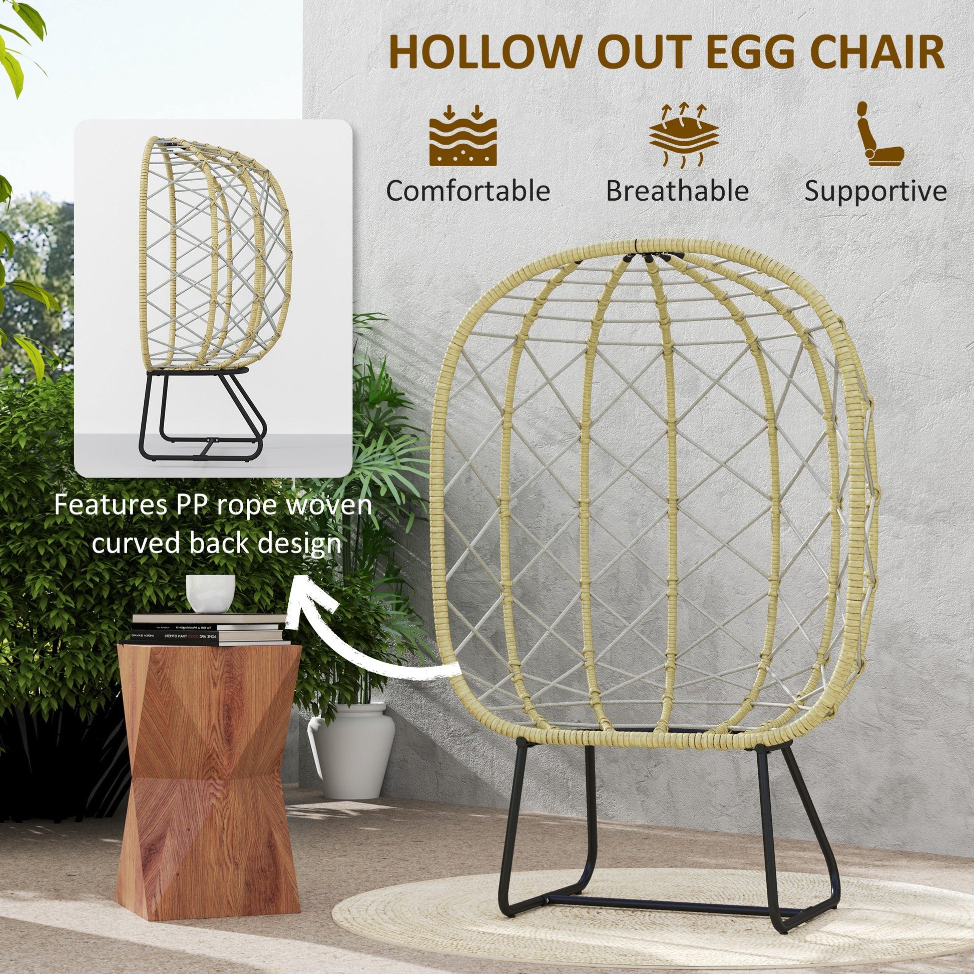 Rattan Egg Chair Outdoor Indoor Wicker Chair with Thickened Cushion and Headrest, Standing Garden Egg Chair with Cup Holder, Metal Frame for Patio, Balcony, Grey