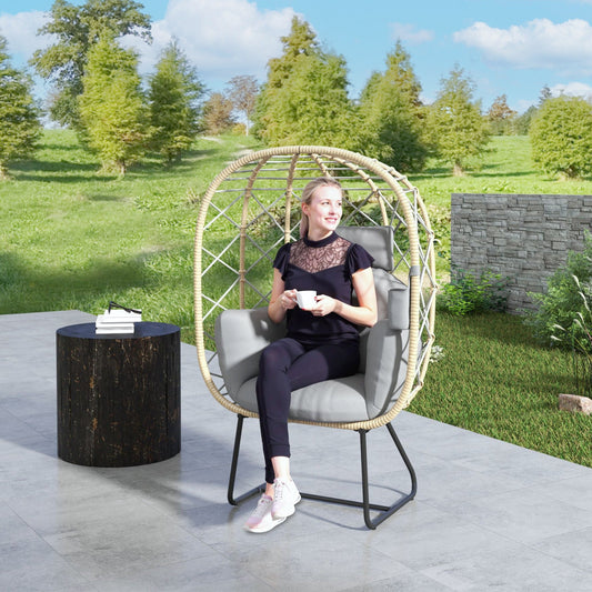 Rattan Egg Chair Outdoor Indoor Wicker Chair with Thickened Cushion and Headrest, Standing Garden Egg Chair with Cup Holder, Metal Frame for Patio, Balcony, Grey