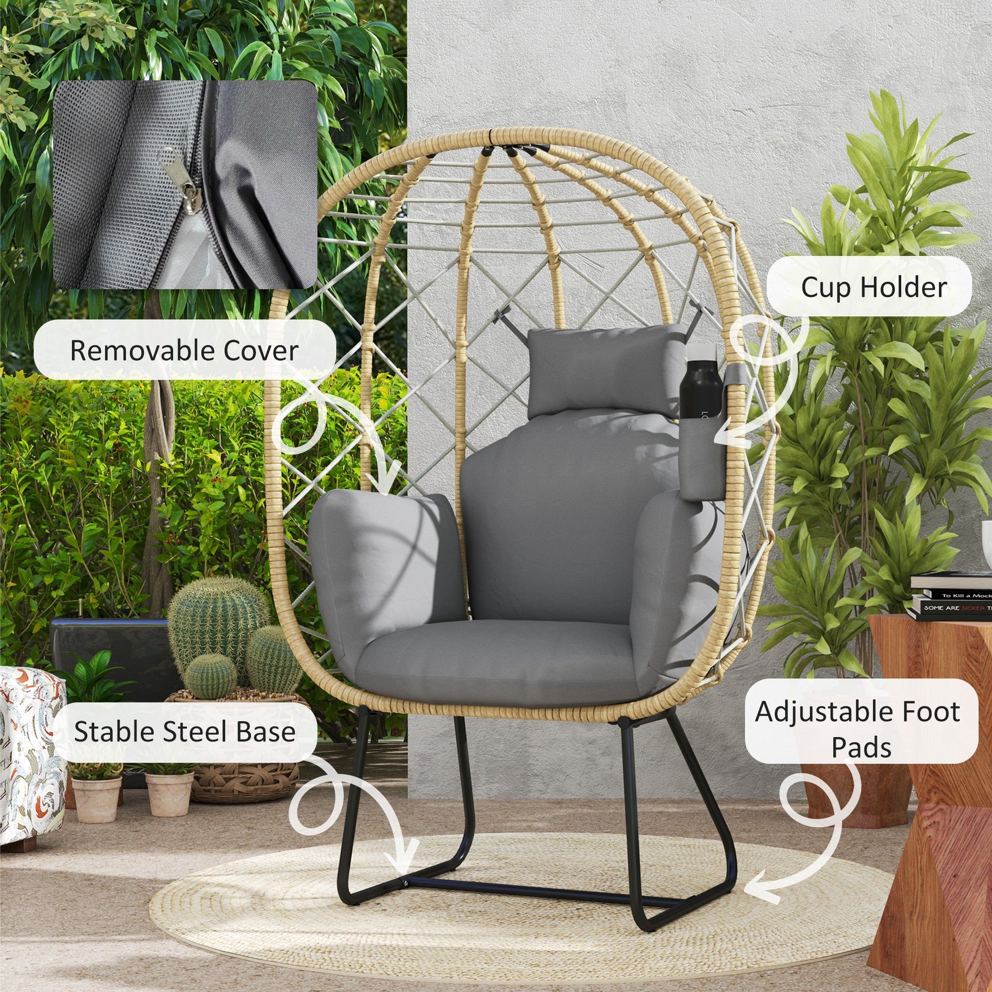 Rattan Egg Chair Outdoor Indoor Wicker Chair with Thickened Cushion and Headrest, Standing Garden Egg Chair with Cup Holder, Metal Frame for Patio, Balcony, Grey