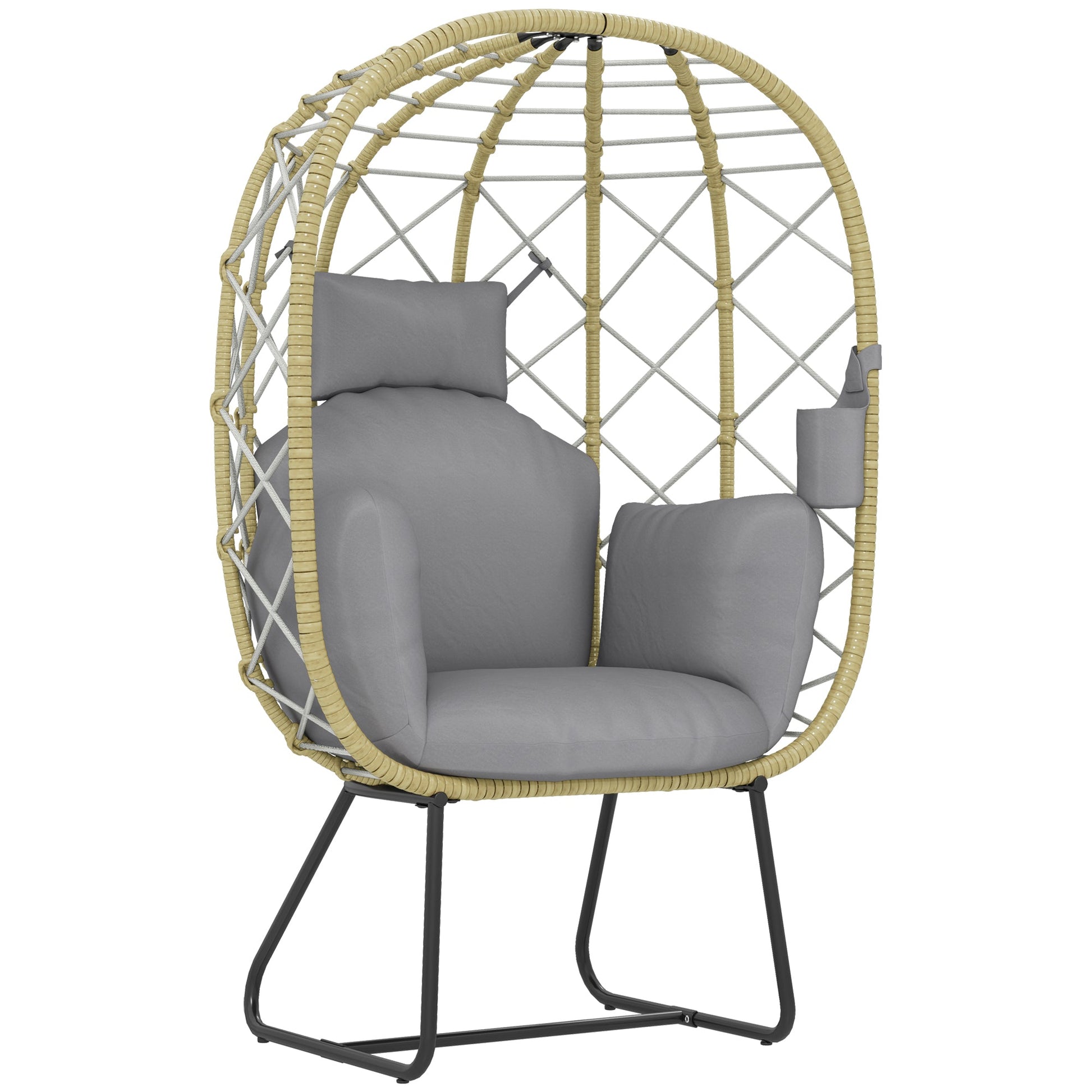 Rattan Egg Chair Outdoor Indoor Wicker Chair with Thickened Cushion and Headrest, Standing Garden Egg Chair with Cup Holder, Metal Frame for Patio, Balcony, Grey