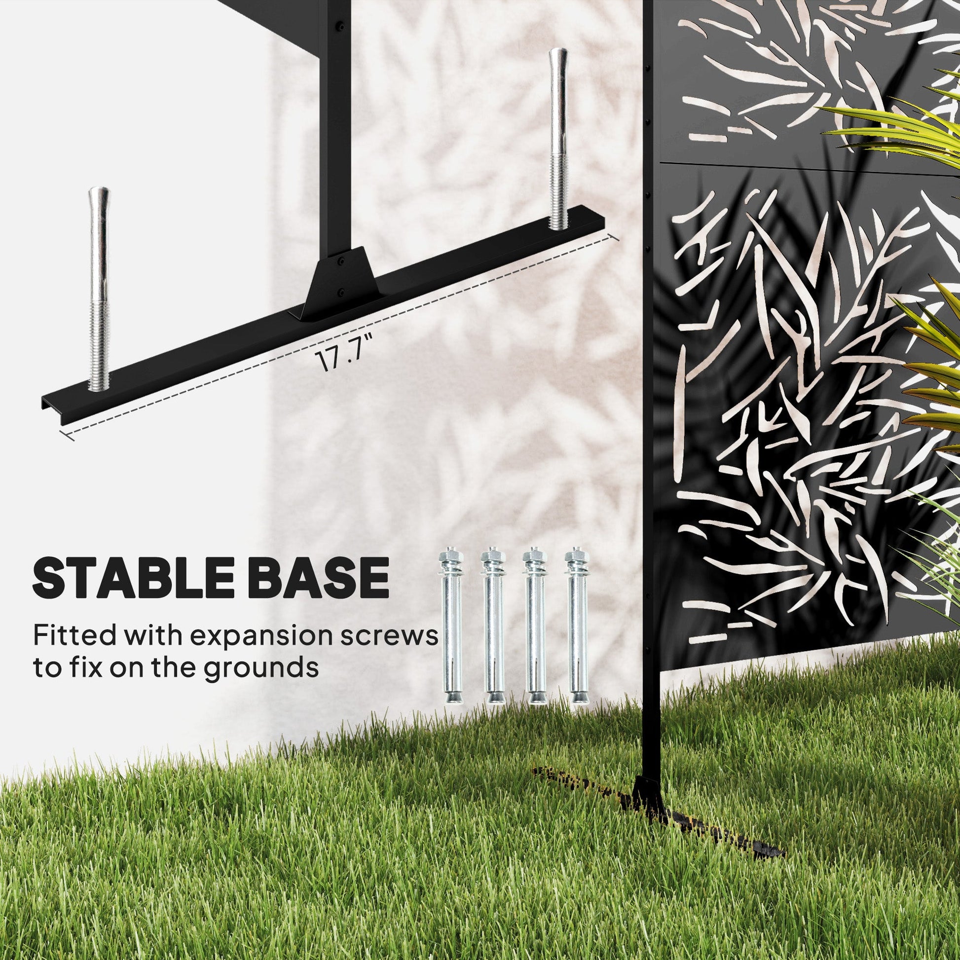 Decorative Garden Privacy Screen with Stand, 6.5FT Freestanding Metal Outdoor Divider, Decorative Privacy Panel with Expansion Screws for Garden Pool Hot Tub, Bamboo Style, Black