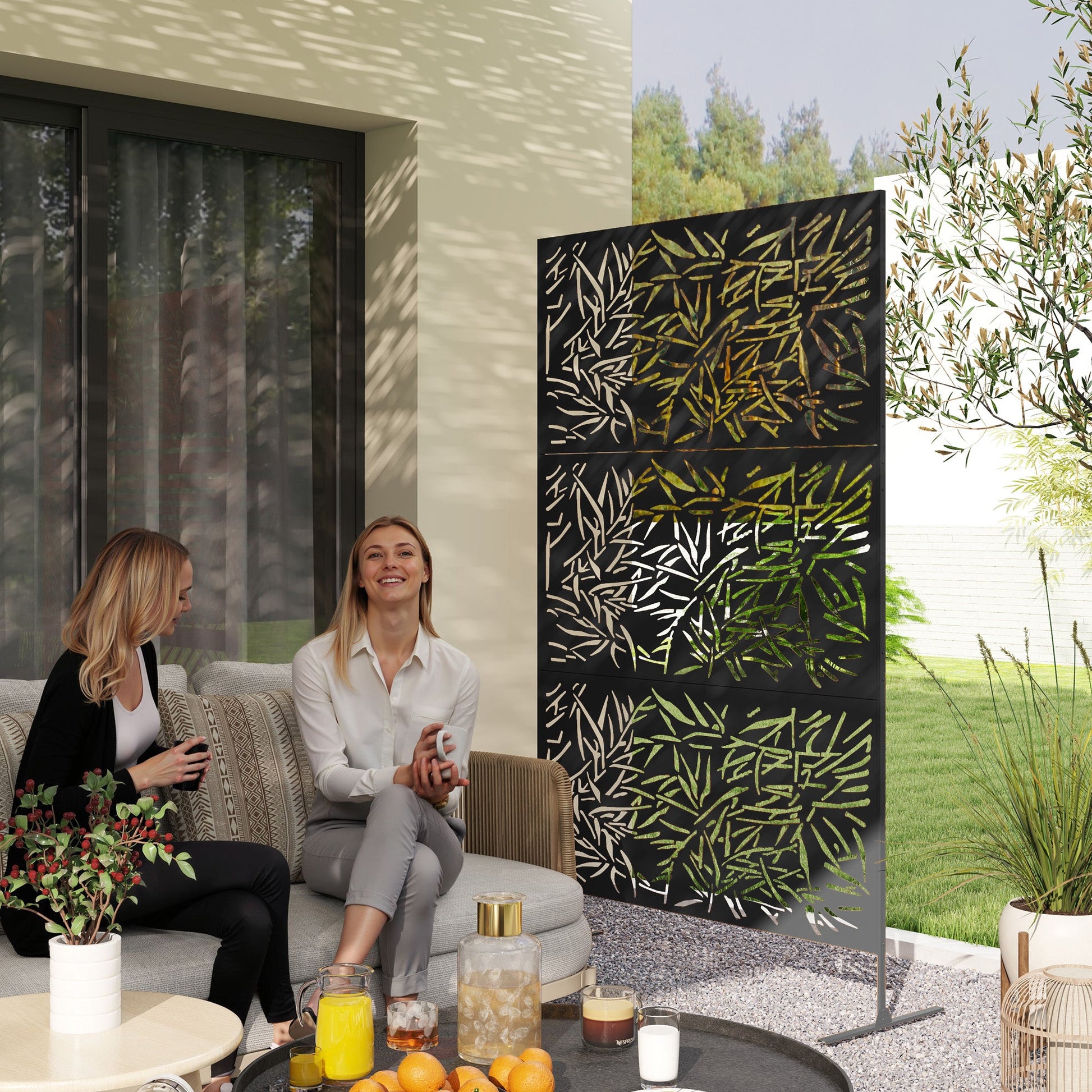 Decorative Garden Privacy Screen with Stand, 6.5FT Freestanding Metal Outdoor Divider, Decorative Privacy Panel with Expansion Screws for Garden Pool Hot Tub, Bamboo Style, Black