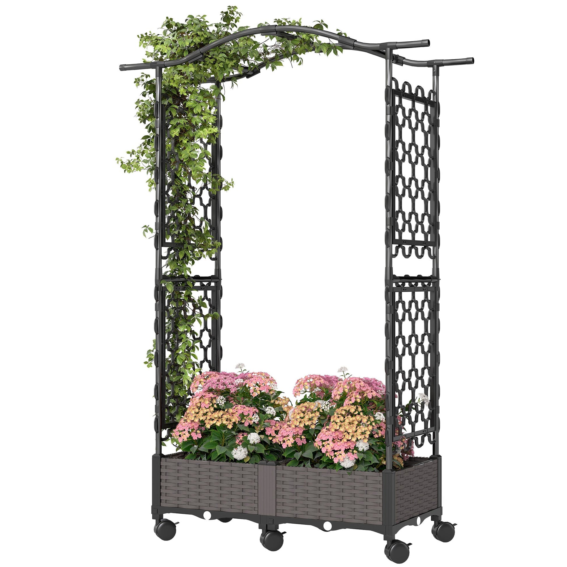 Raised Garden Bed with Arch Trellis, Raised Bed for Garden on Wheels with Side Trellis, Self Watering Outdoor Planter Box with Drainage Holes, Drain Plugs for Climbing Plants, Flowers, Herbs