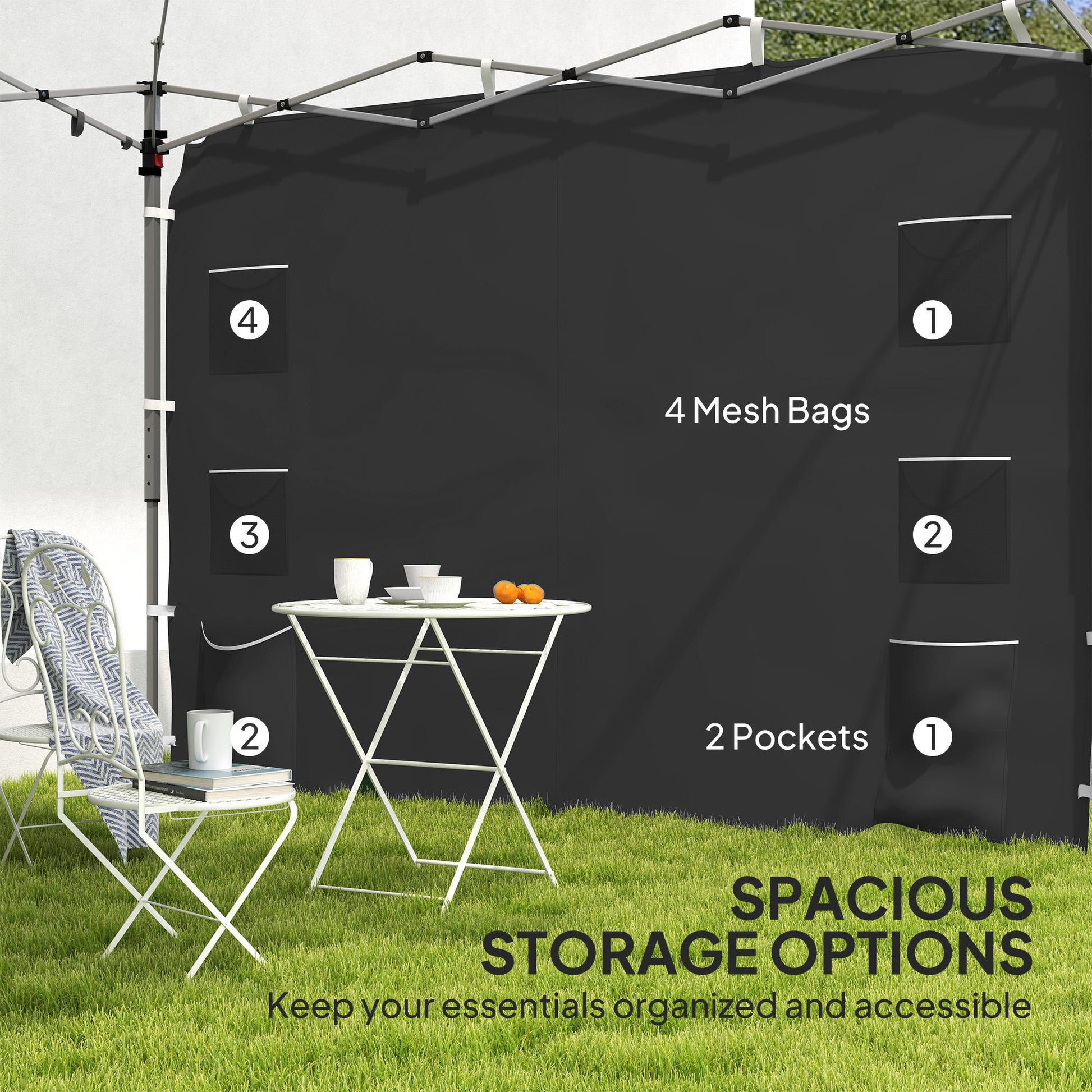 Gazebo Side Panel, Canopy Sidewall Panel with 4 Mesh Bags and 2 Storage Pockets for 3 x 3 m Straight Leg Pop Up Gazebos, 1 Pack Sidewall Only, Black