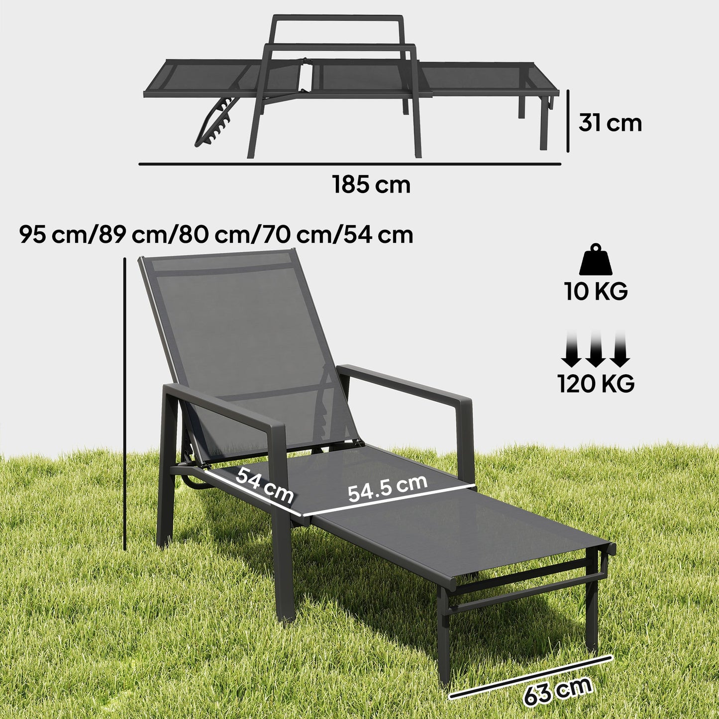 Sun Lounger with Retracable Footrest, 5-Position Adjustable Reclining Garden Lounger, Garden Chaise Lounge Sunbed Recliner Chair with Steel Frame for Beach, Porch, Patio, Camping, Dark Grey