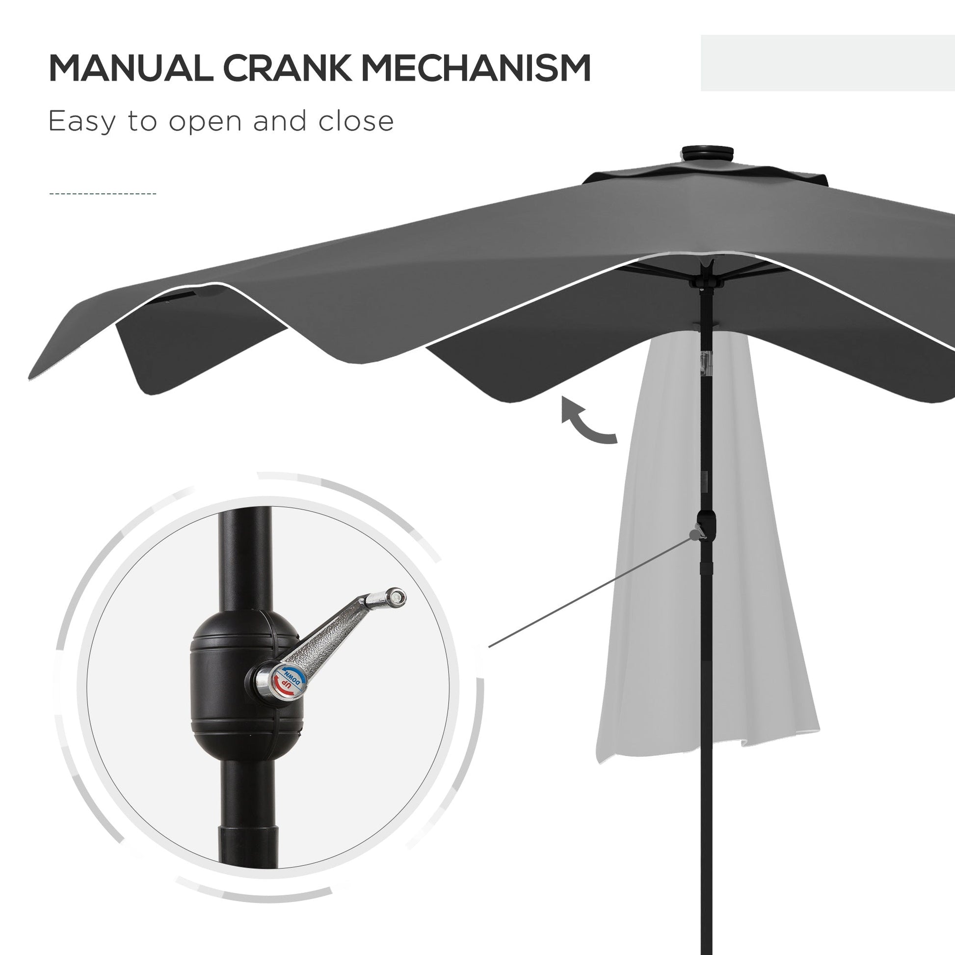 3(m) Garden Parasol Umbrella with 32 Solar LED Lights and Tilt, Outdoor Market Table Umbrella Sun Shade Canopy with Crank, 8 Ribs, Dark Grey