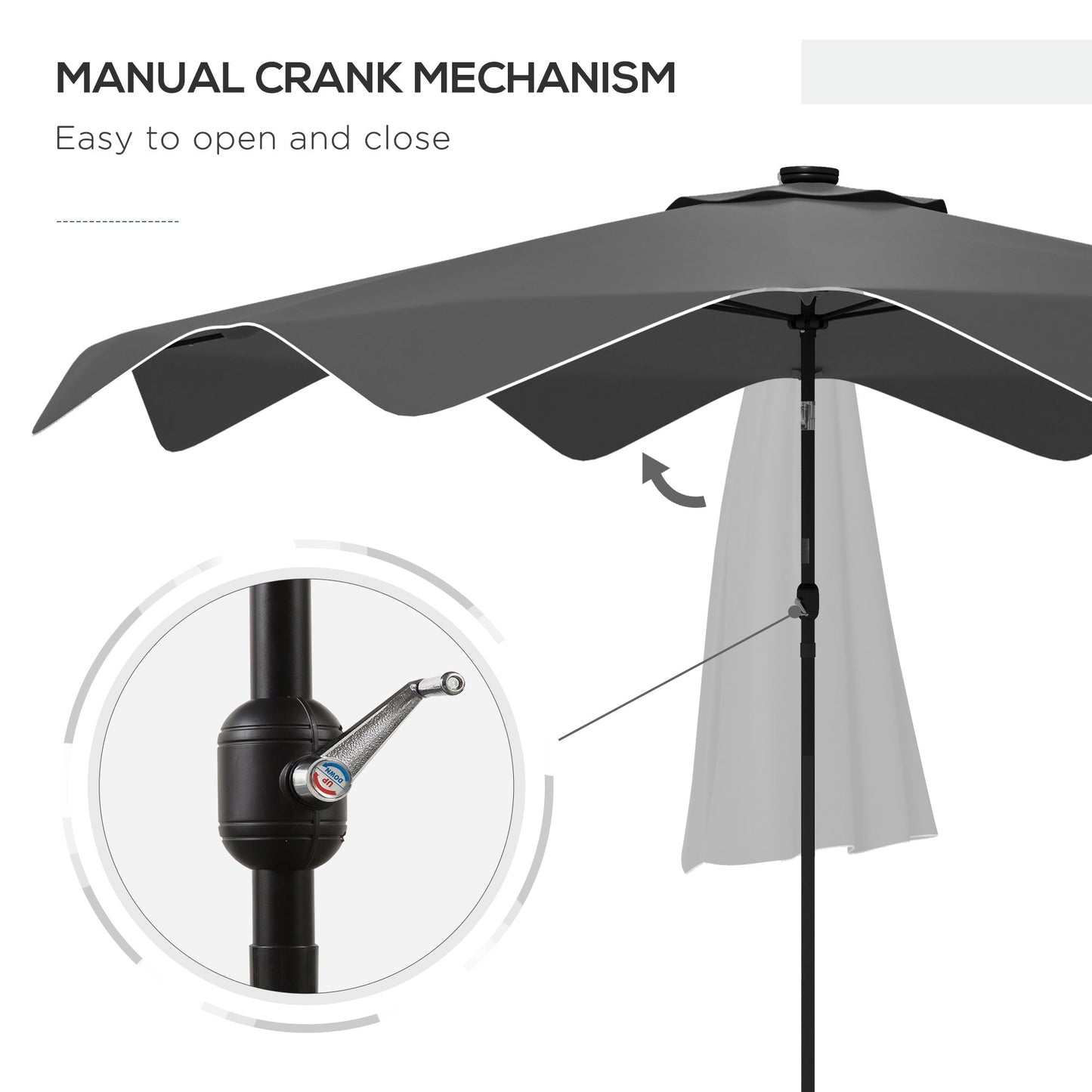 3(m) Garden Parasol Umbrella with 32 Solar LED Lights and Tilt, Outdoor Market Table Umbrella Sun Shade Canopy with Crank, 8 Ribs, Dark Grey