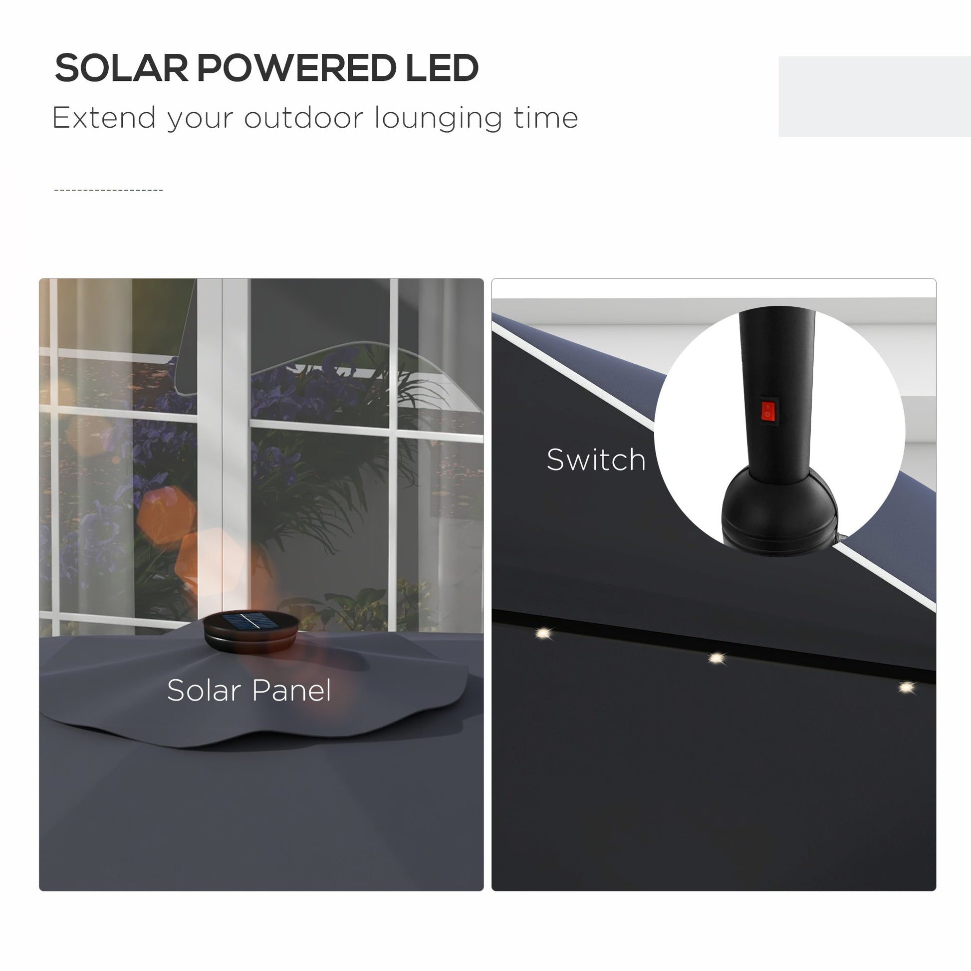 3(m) Garden Parasol Umbrella with 32 Solar LED Lights and Tilt, Outdoor Market Table Umbrella Sun Shade Canopy with Crank, 8 Ribs, Dark Grey
