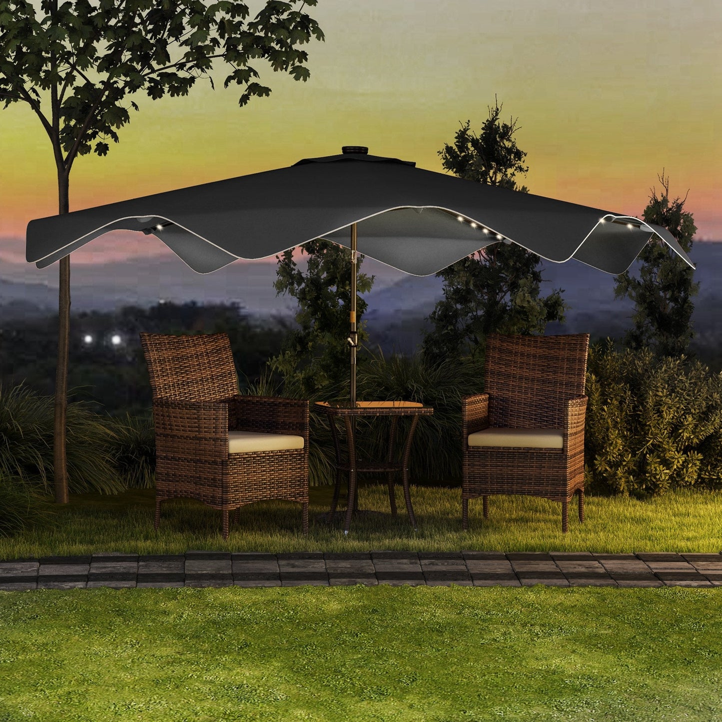 3(m) Garden Parasol Umbrella with 32 Solar LED Lights and Tilt, Outdoor Market Table Umbrella Sun Shade Canopy with Crank, 8 Ribs, Dark Grey