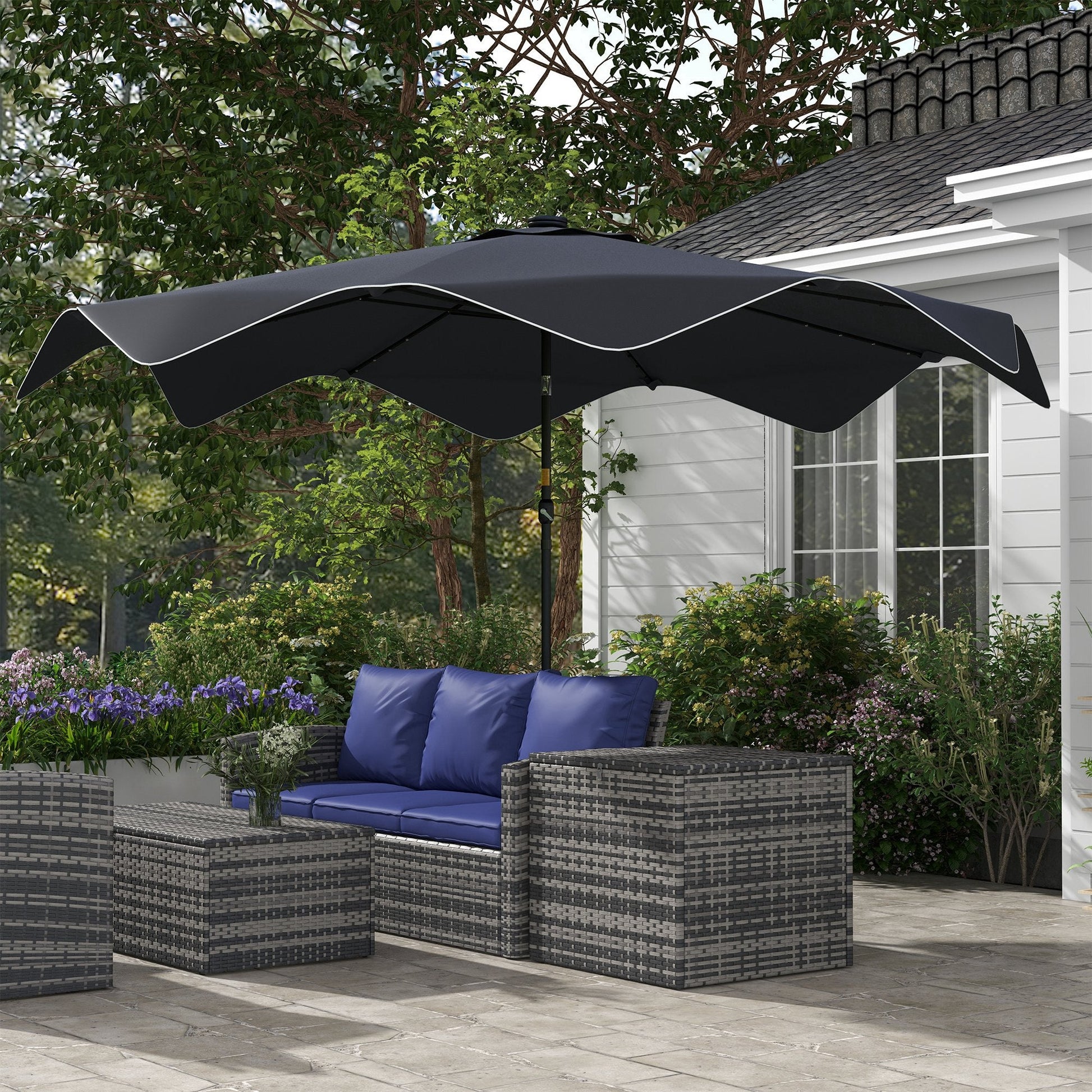 3(m) Garden Parasol Umbrella with 32 Solar LED Lights and Tilt, Outdoor Market Table Umbrella Sun Shade Canopy with Crank, 8 Ribs, Dark Grey