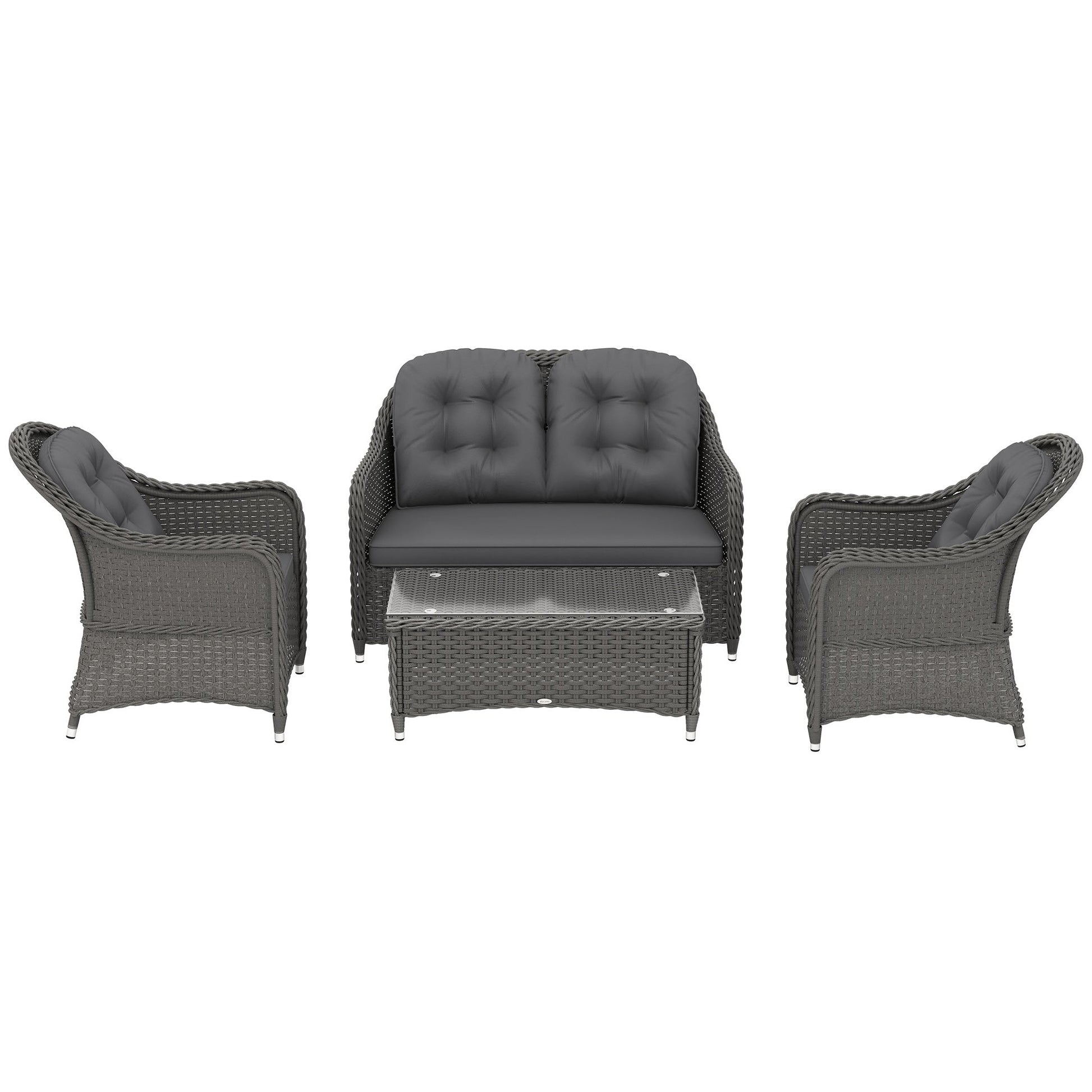 4 Pieces Outdoor PE Rattan Garden Furniture with Cushions, Patio Special Hand Weave Wicker Conservatory Sofa Set with Glass Top Coffee Table, Light Grey