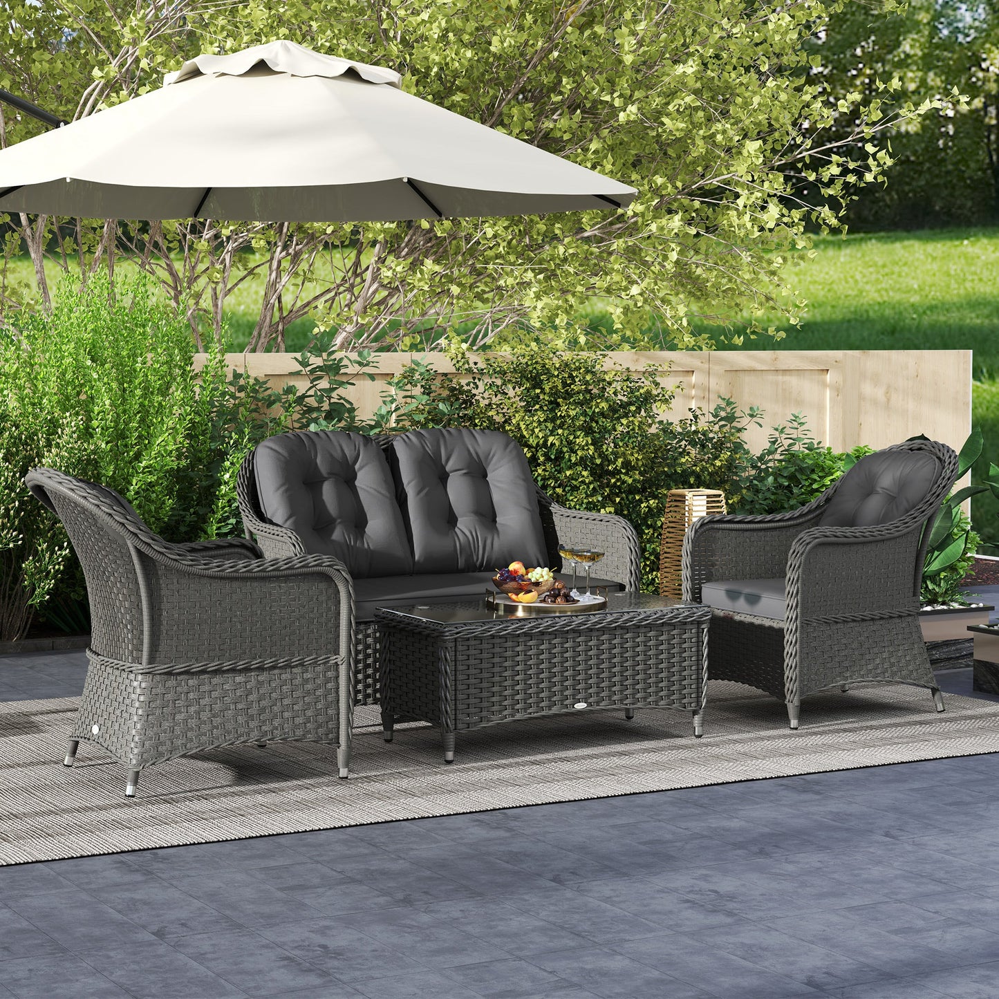 4 Pieces Outdoor PE Rattan Garden Furniture with Cushions, Patio Special Hand Weave Wicker Conservatory Sofa Set with Glass Top Coffee Table, Light Grey