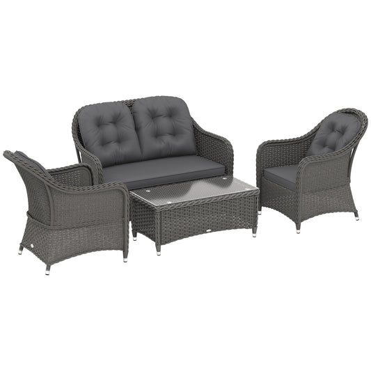 4 Pieces Outdoor PE Rattan Garden Furniture with Cushions, Patio Special Hand Weave Wicker Conservatory Sofa Set with Glass Top Coffee Table, Light Grey