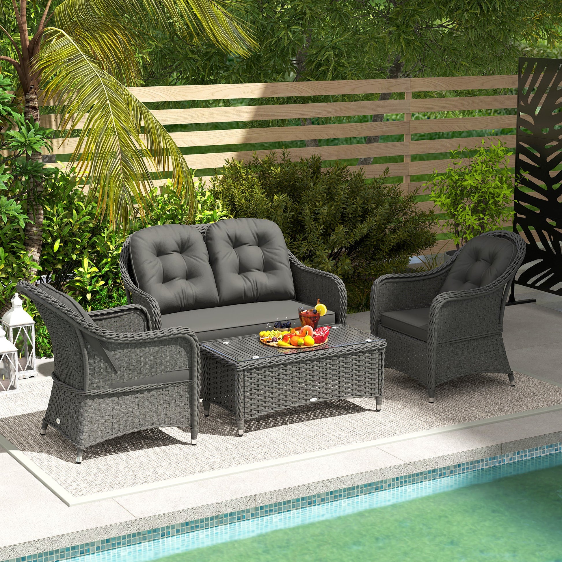 4 Pieces Outdoor PE Rattan Garden Furniture with Cushions, Patio Special Hand Weave Wicker Conservatory Sofa Set with Glass Top Coffee Table, Light Grey