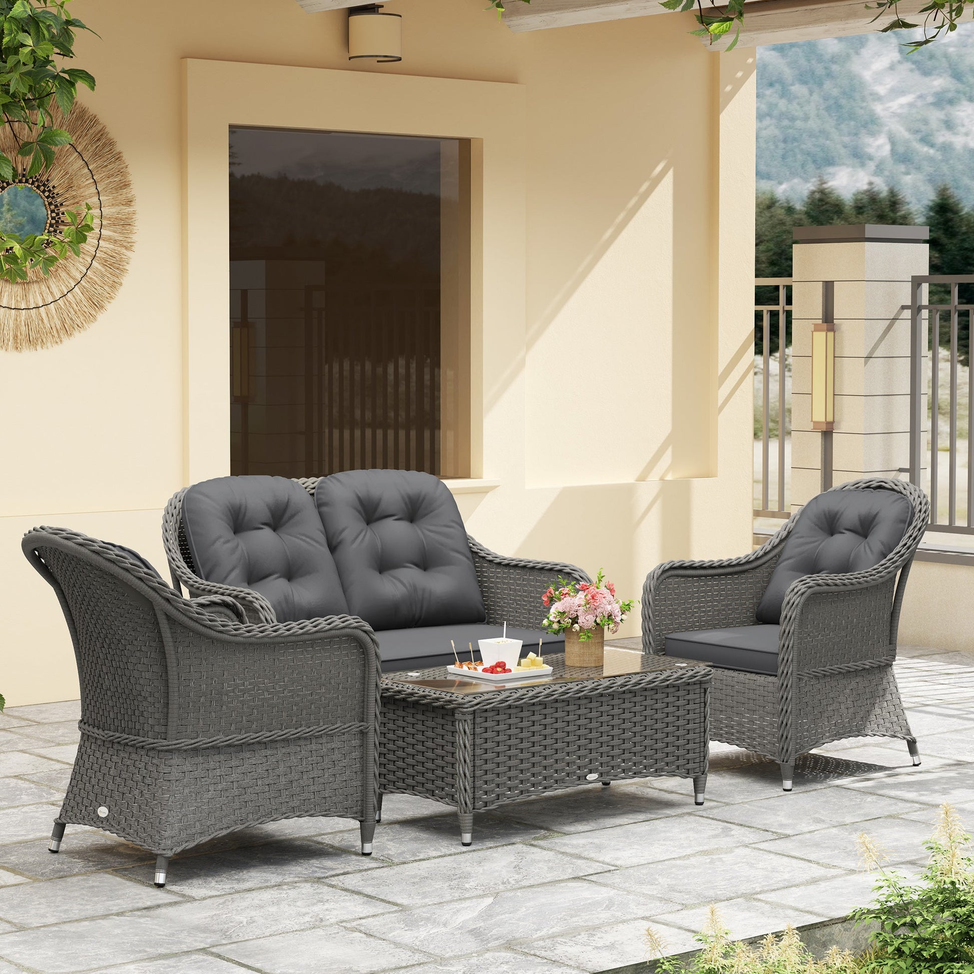4 Pieces Outdoor PE Rattan Garden Furniture with Cushions, Patio Special Hand Weave Wicker Conservatory Sofa Set with Glass Top Coffee Table, Light Grey