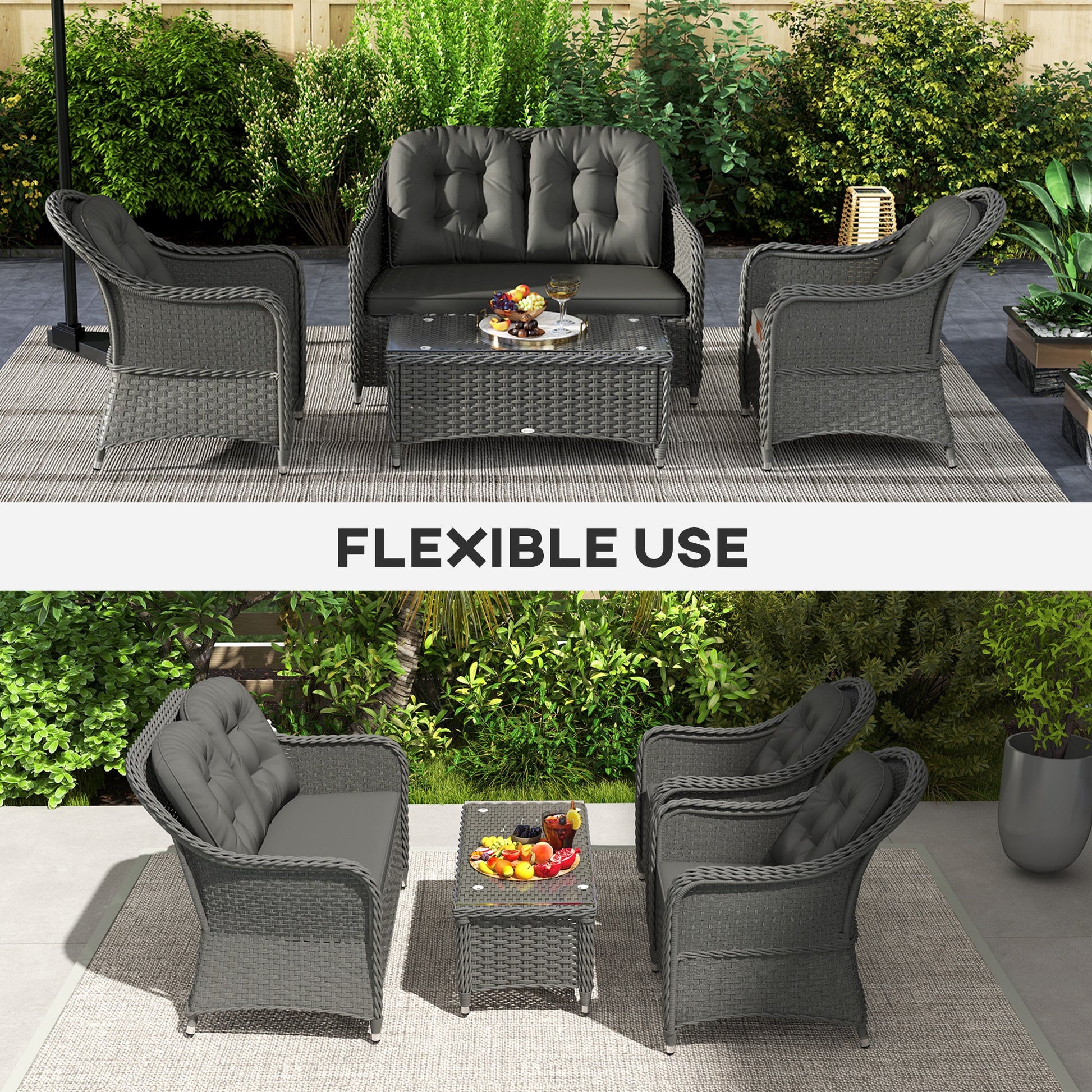 4 Pieces Outdoor PE Rattan Garden Furniture with Cushions, Patio Special Hand Weave Wicker Conservatory Sofa Set with Glass Top Coffee Table, Light Grey