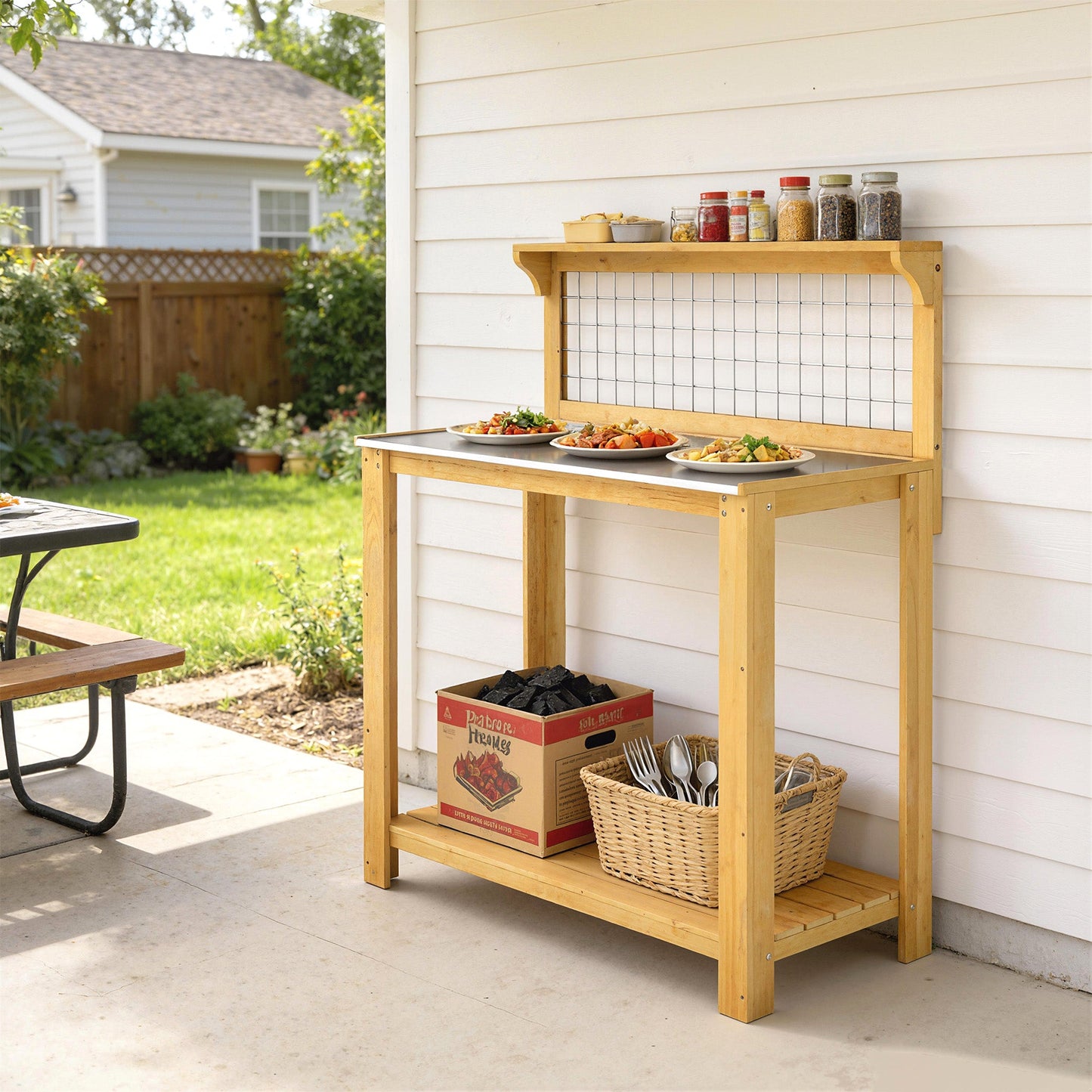 Wooden Potting Bench Table with Aluminium Worktop, Outdoor Garden Workbench with 2 Shelves and Grid Design for DIY, Planting Work Station for Patio, Yard, Balcony, 100 x 48 x 119 cm, Yellow