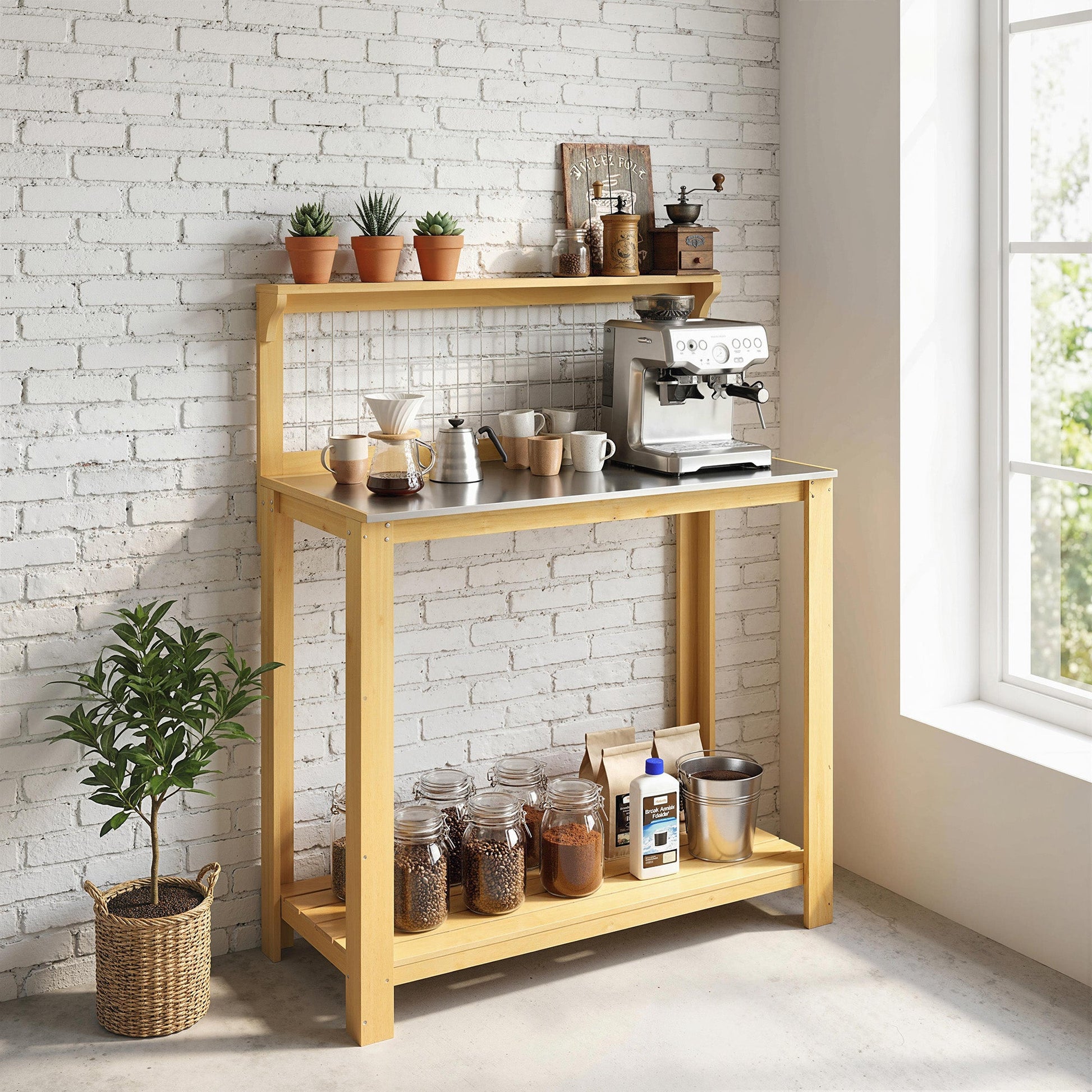 Wooden Potting Bench Table with Aluminium Worktop, Outdoor Garden Workbench with 2 Shelves and Grid Design for DIY, Planting Work Station for Patio, Yard, Balcony, 100 x 48 x 119 cm, Yellow