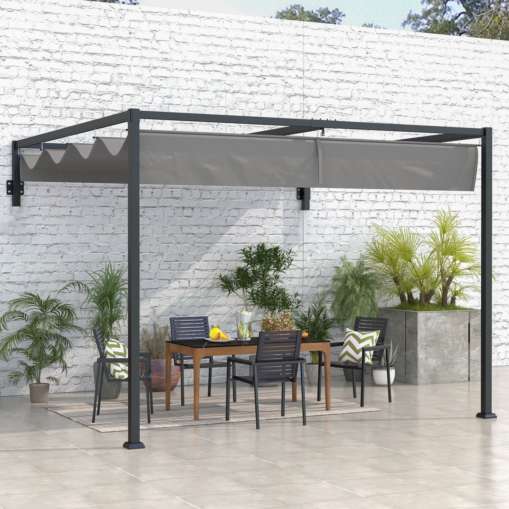 2 x 3(m) Lean To Pergola with Retractable Roof, Wall Mounted Garden Gazebo Outdoor Sun Shade Shelter for Patio, Deck, Dark Grey
