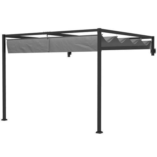 2 x 3(m) Lean To Pergola with Retractable Roof, Wall Mounted Garden Gazebo Outdoor Sun Shade Shelter for Patio, Deck, Dark Grey