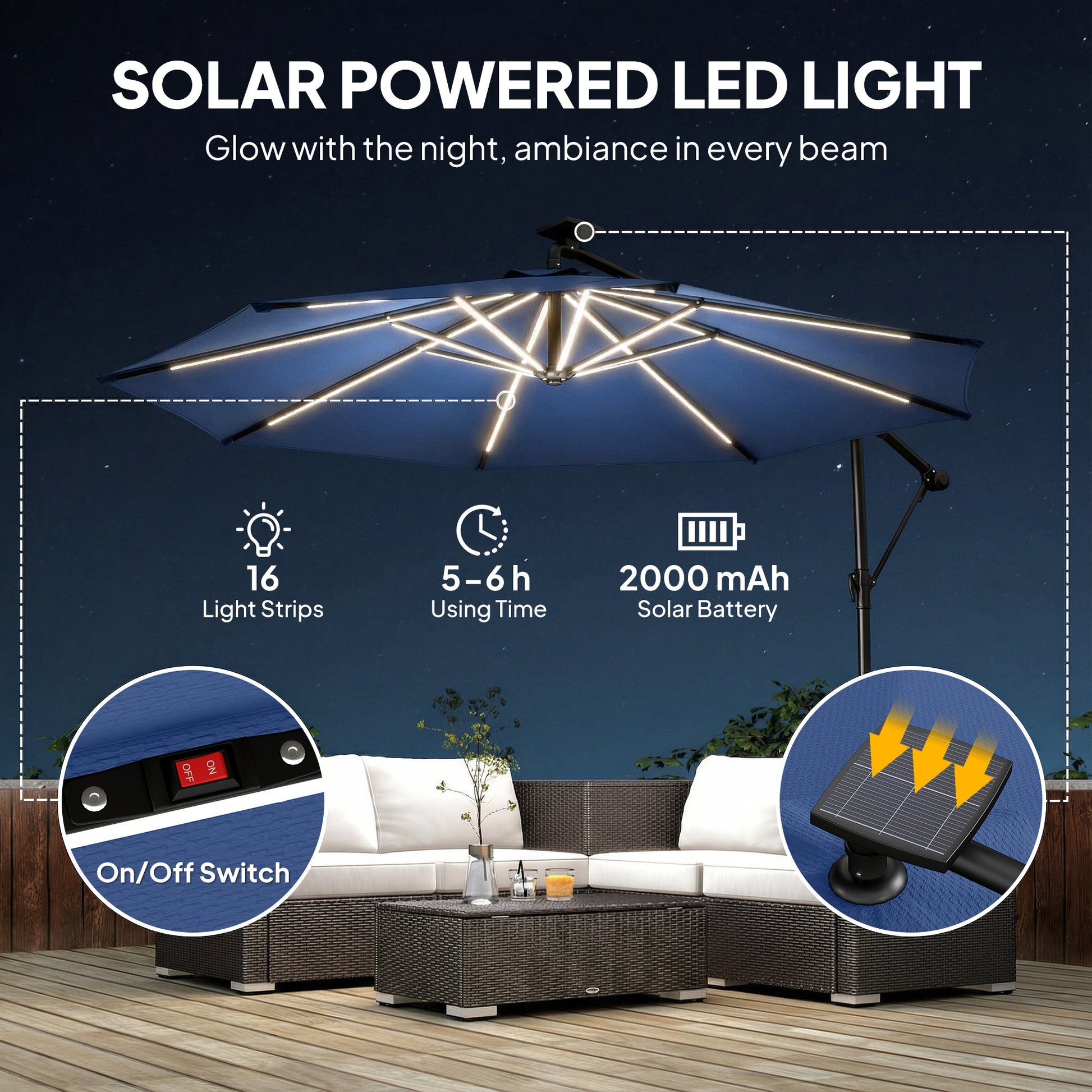 3 m Garden Cantilever Parasol with LED Solar Light, Round Overhanging Umbrella with 6-Position 360° Rotation, Crank Handle, Tilt, Cover, Banana Patio Umbrella for Outdoor Sun Shade, Navy Blue