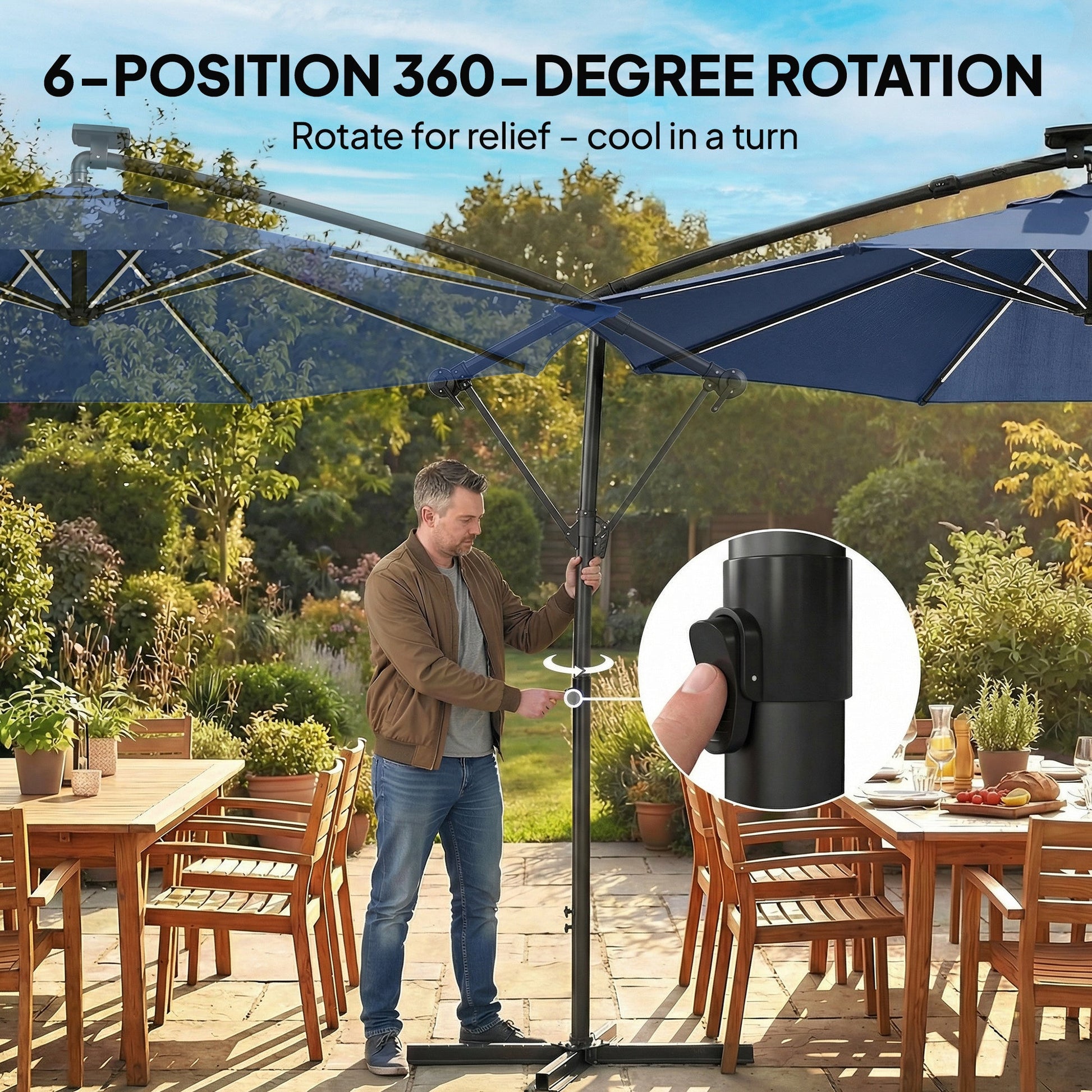 3 m Garden Cantilever Parasol with LED Solar Light, Round Overhanging Umbrella with 6-Position 360° Rotation, Crank Handle, Tilt, Cover, Banana Patio Umbrella for Outdoor Sun Shade, Navy Blue