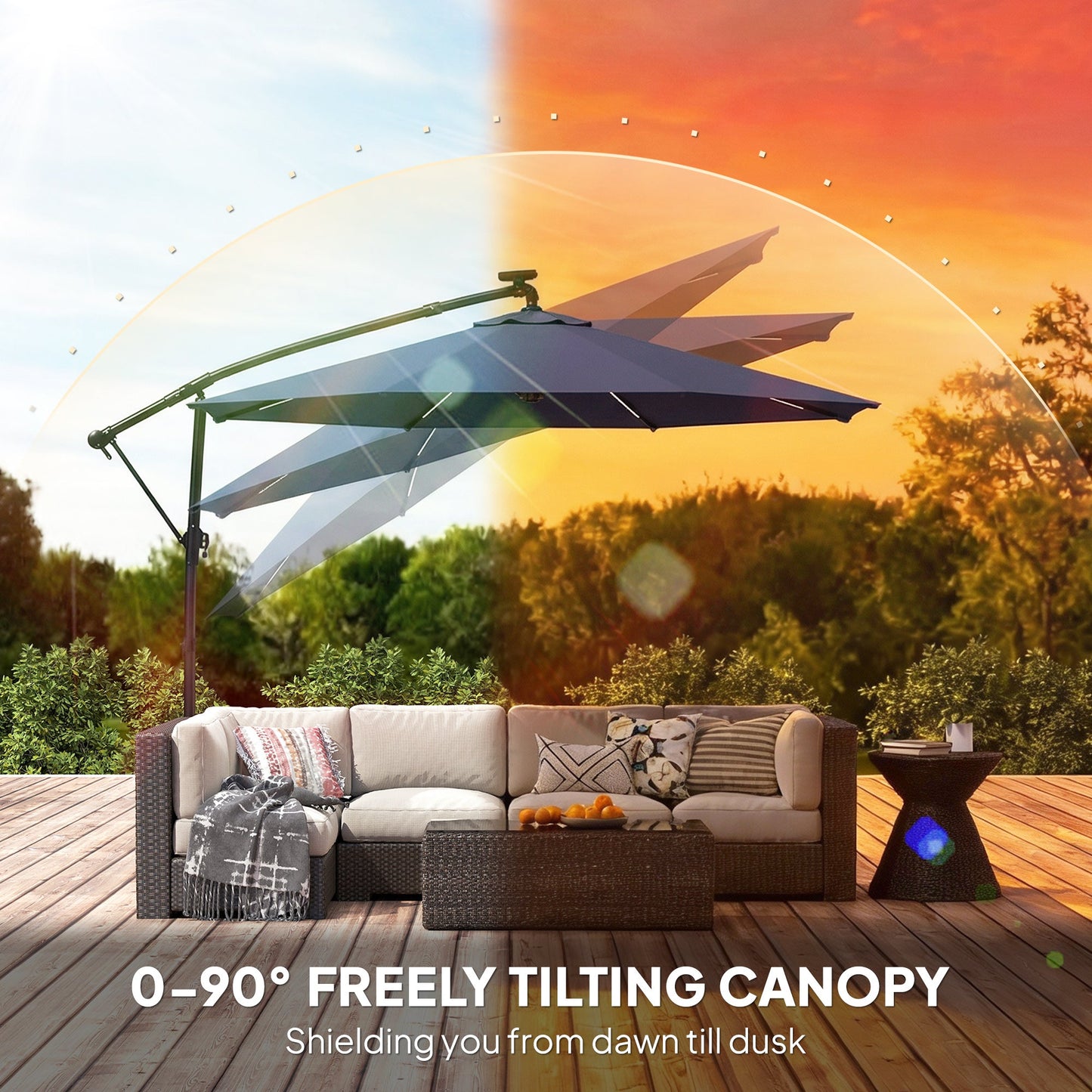 3 m Garden Cantilever Parasol with LED Solar Light, Round Overhanging Umbrella with 6-Position 360° Rotation, Crank Handle, Tilt, Cover, Banana Patio Umbrella for Outdoor Sun Shade, Navy Blue
