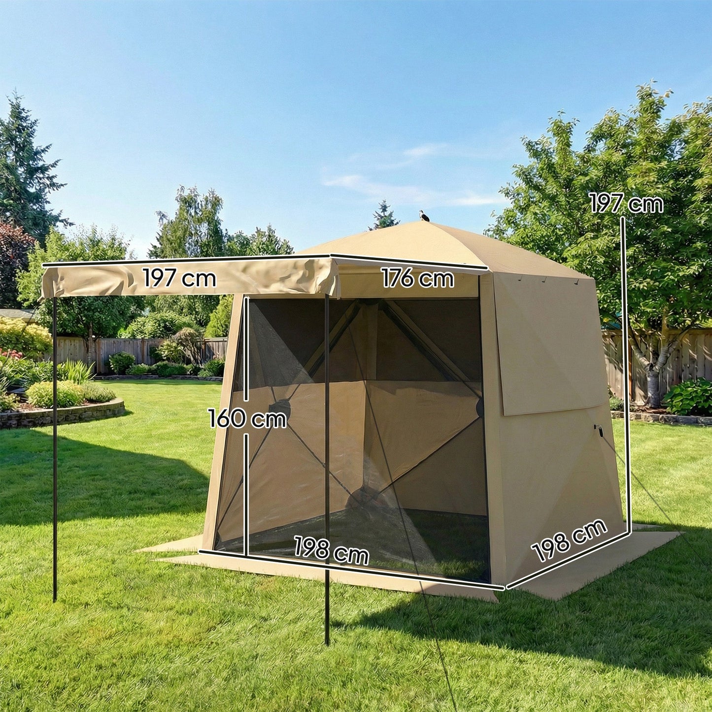 2 x 2 m Pop Up Gazebo with Awning, Waterproof Instant Shelter for Garden BBQ, Fishing, Camping, Easy Setup Garden Gazebo with Sides, Mesh Windows & Carry Bag, Khaki