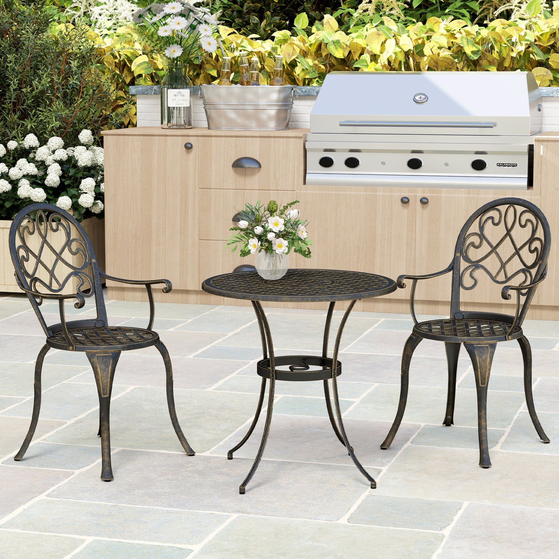3 Piece Patio Bistro Set for 2, Outdoor Aluminium Garden Table and Chairs with Adjustable Footpads for Balcony, Garden and Patio, Bronze Tone