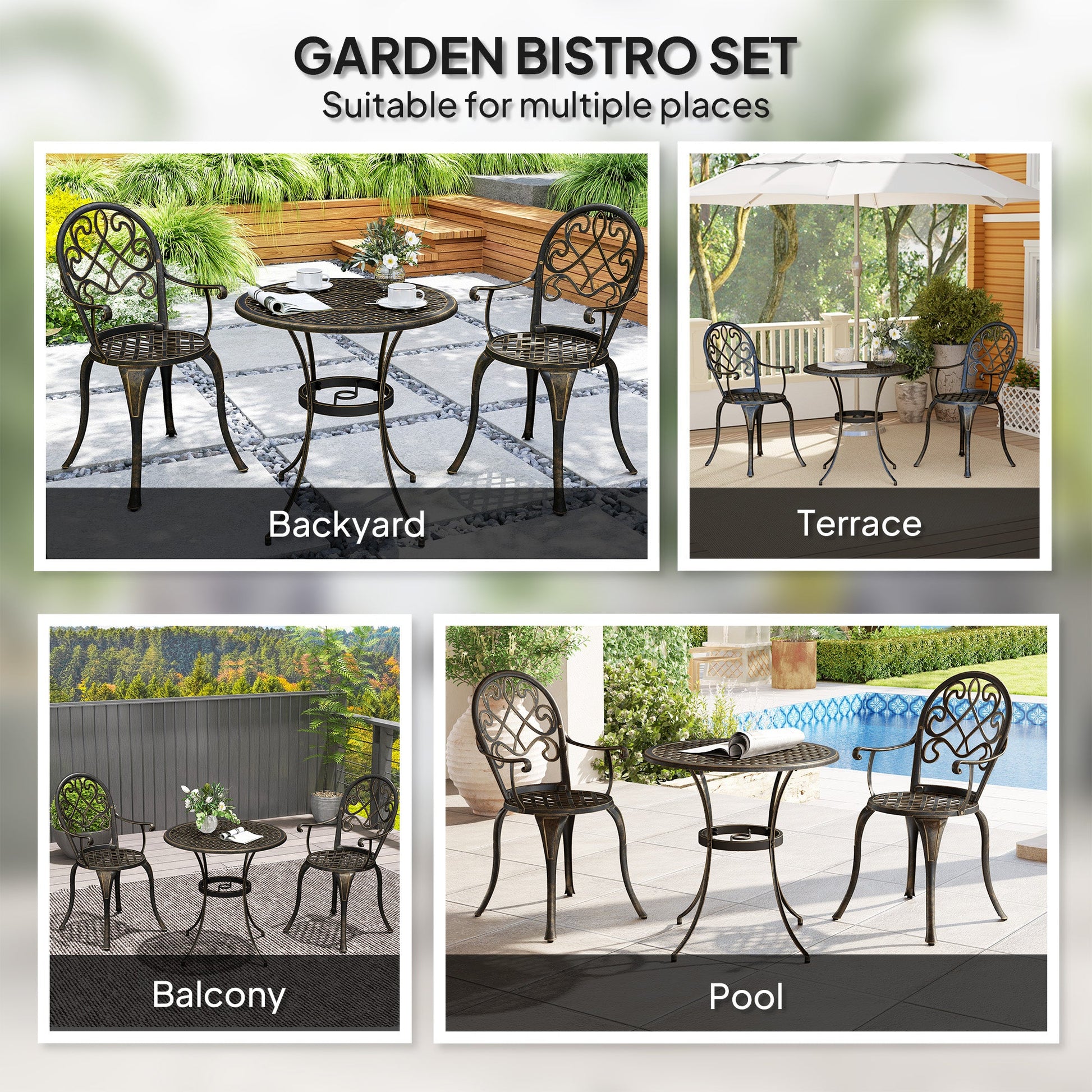3 Piece Patio Bistro Set for 2, Outdoor Aluminium Garden Table and Chairs with Adjustable Footpads for Balcony, Garden and Patio, Bronze Tone