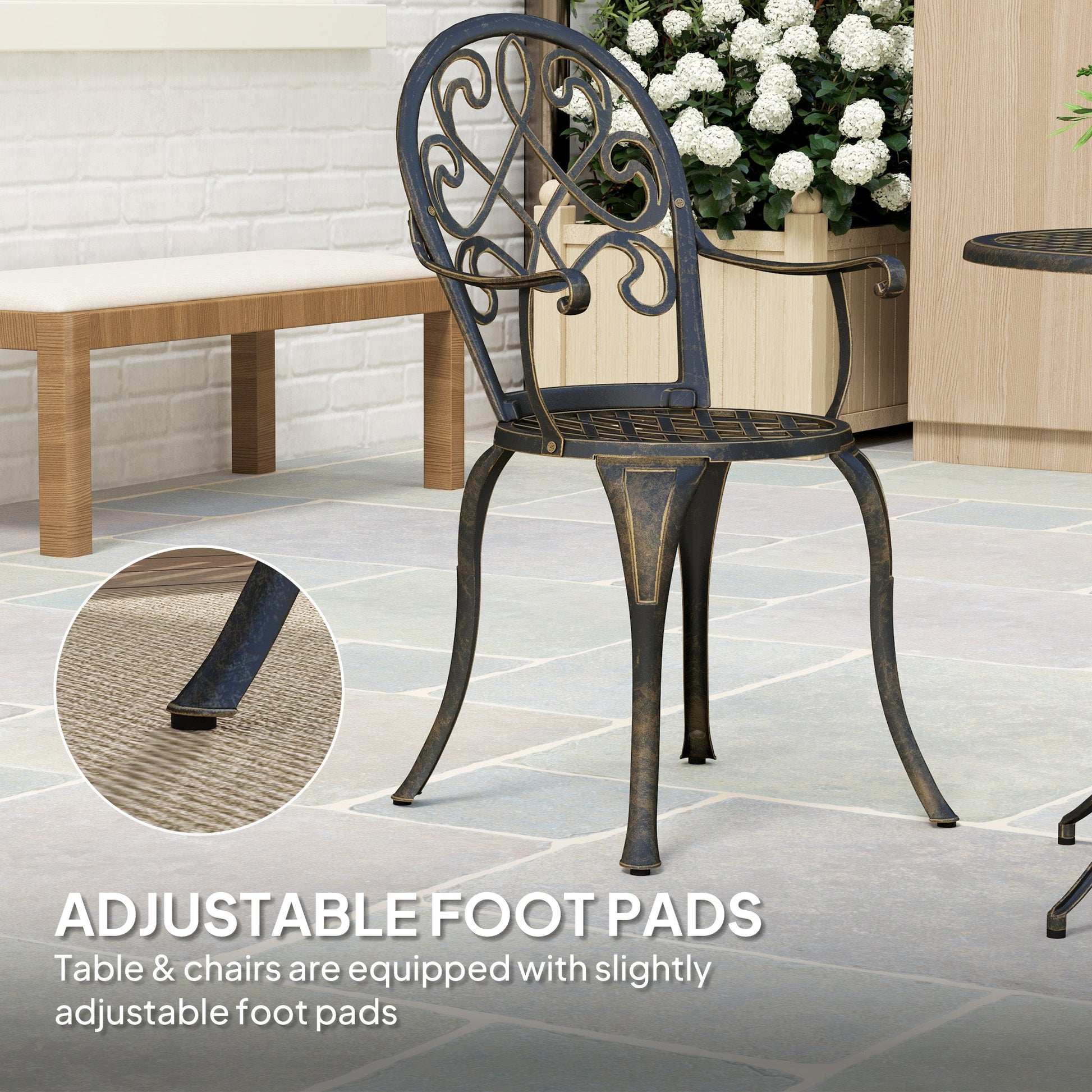 3 Piece Patio Bistro Set for 2, Outdoor Aluminium Garden Table and Chairs with Adjustable Footpads for Balcony, Garden and Patio, Bronze Tone