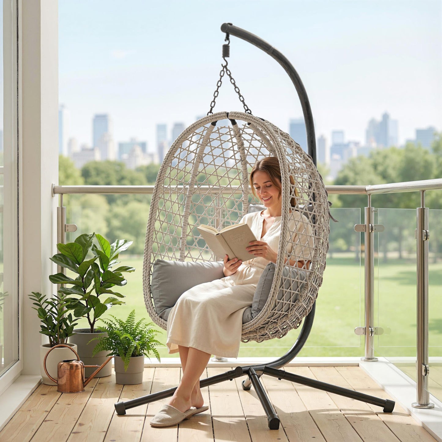 Hanging Egg Chair, Indoor Outdoor Rattan Hammock Swing Chair with Stand, Safety Strap, Foldable Basket, Thick Cushion, Headrest, Metal Frame for Garden Balcony Patio Lounge Porch, Light Grey