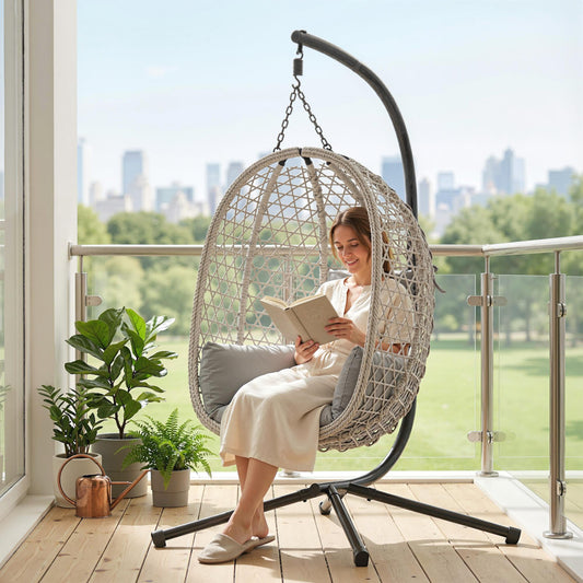 Hanging Egg Chair, Indoor Outdoor Rattan Hammock Swing Chair with Stand, Safety Strap, Foldable Basket, Thick Cushion, Headrest, Metal Frame for Garden Balcony Patio Lounge Porch, Light Grey