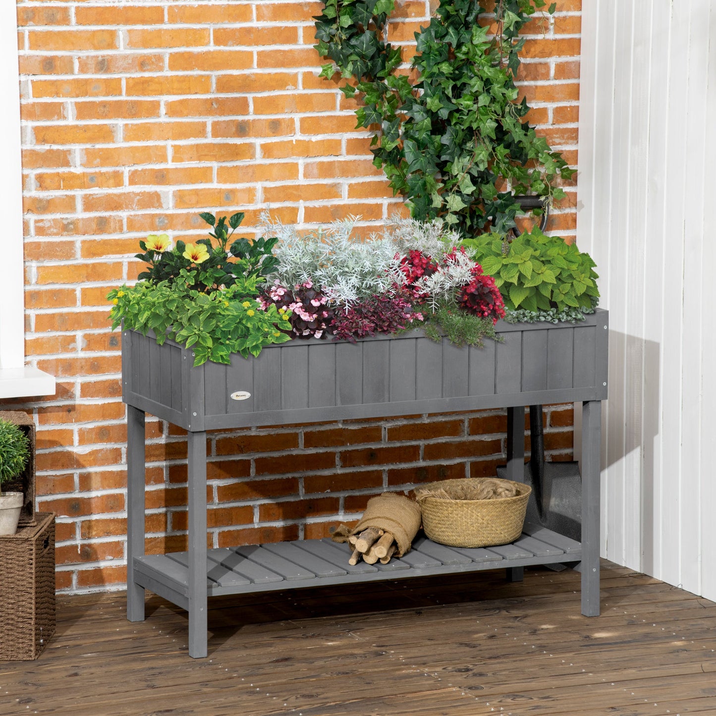 Wooden Herb Planter with 8 Pocket, Raised Bed Container Garden Planter Boxes, 110L x 46W x 76Hcm, Dark Grey