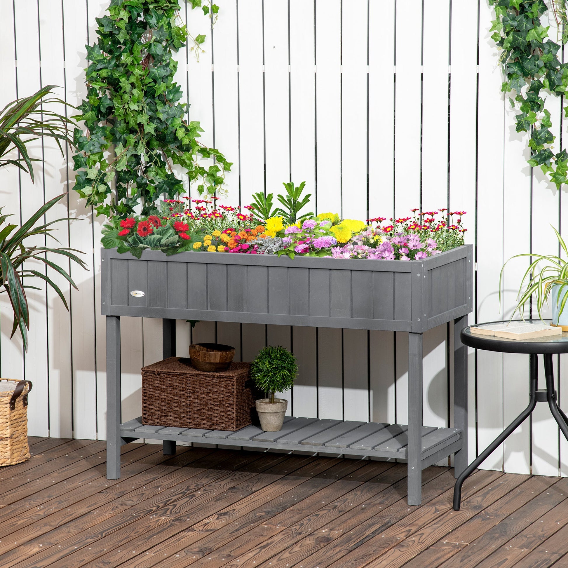 Wooden Herb Planter with 8 Pocket, Raised Bed Container Garden Planter Boxes, 110L x 46W x 76Hcm, Dark Grey