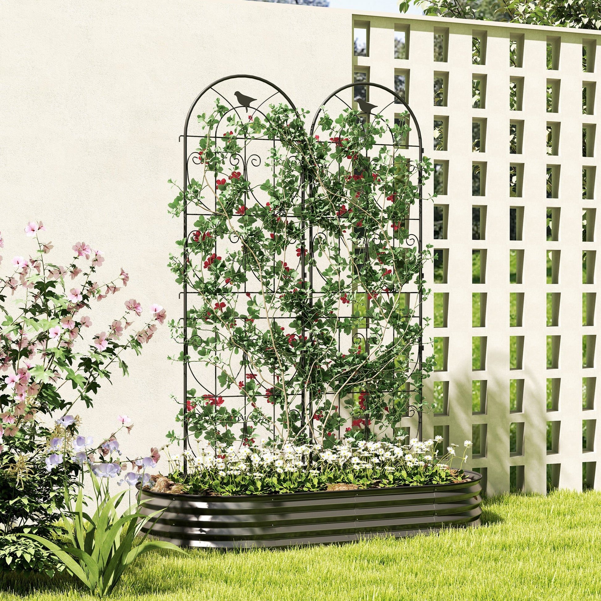 Set of 2 Metal Garden Trellis, Decorative Trellis Panels for Climbing Outdoor Plants, Vegetables, Vines, Flowers, 180 x 50 cm, Bird Design
