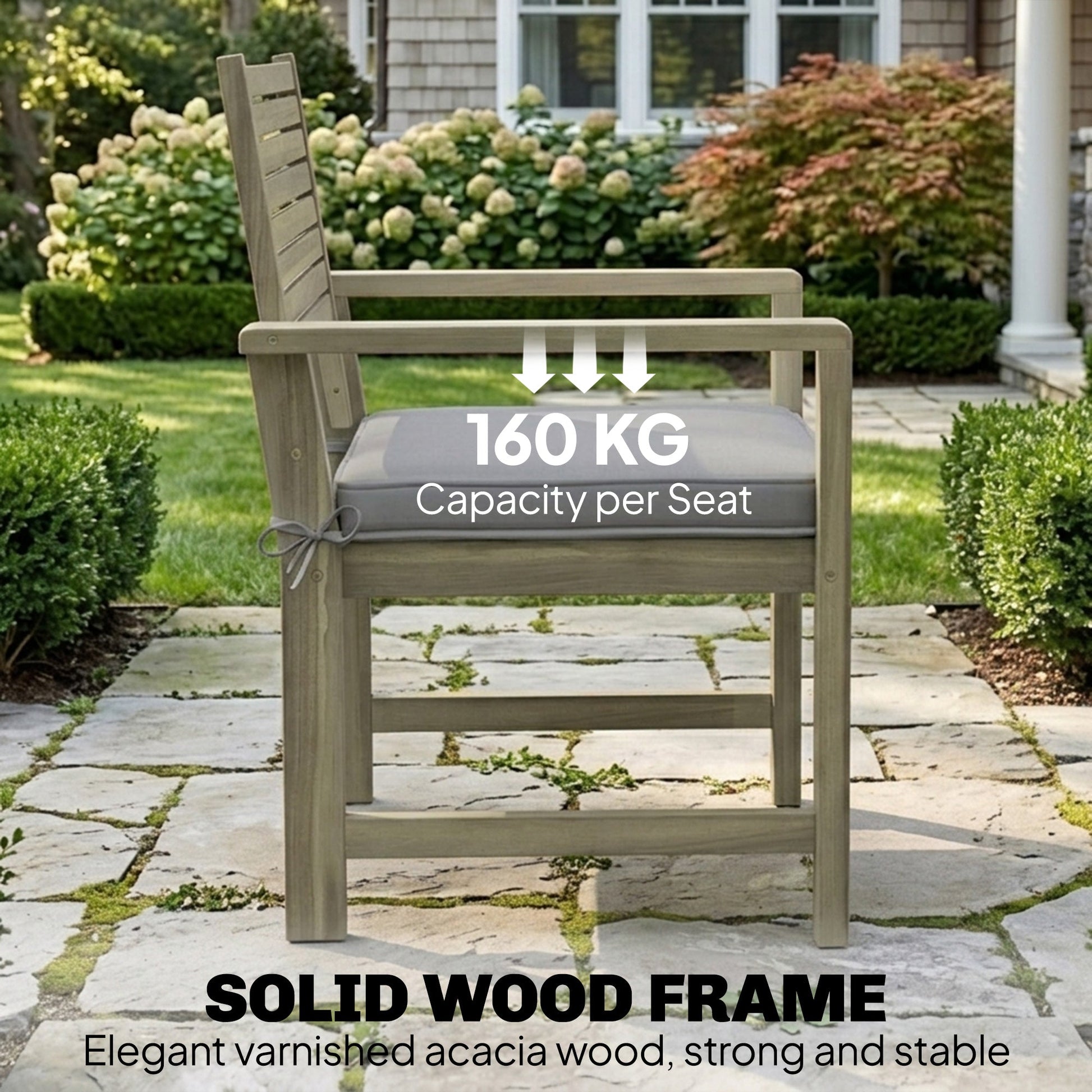 4 Seater Wooden Garden Furniture Set with Loveseat, 2 Armchairs, Wood-Top Table, Acacia Wood Garden Sofa Set with Cushions, Outdoor Furniture Conversation Sets, Light Grey