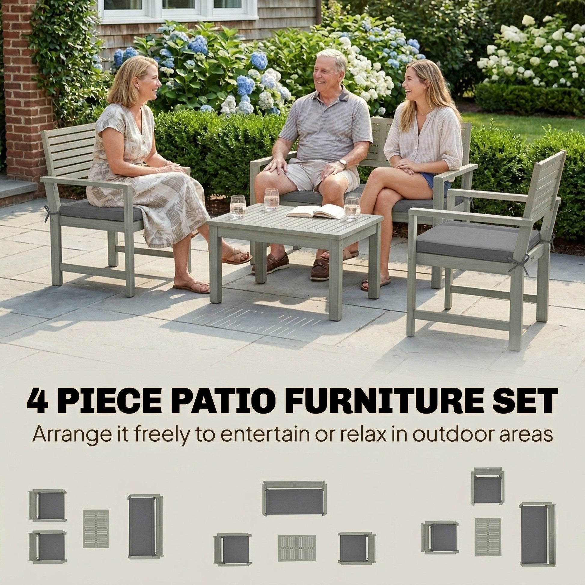 4 Seater Wooden Garden Furniture Set with Loveseat, 2 Armchairs, Wood-Top Table, Acacia Wood Garden Sofa Set with Cushions, Outdoor Furniture Conversation Sets, Light Grey