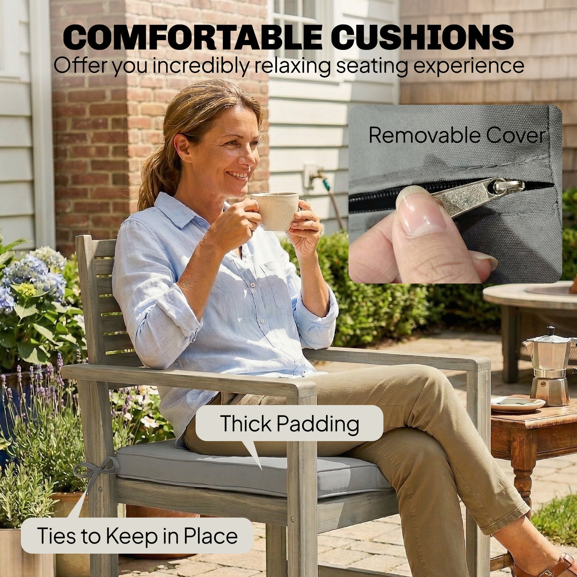 4 Seater Wooden Garden Furniture Set with Loveseat, 2 Armchairs, Wood-Top Table, Acacia Wood Garden Sofa Set with Cushions, Outdoor Furniture Conversation Sets, Light Grey