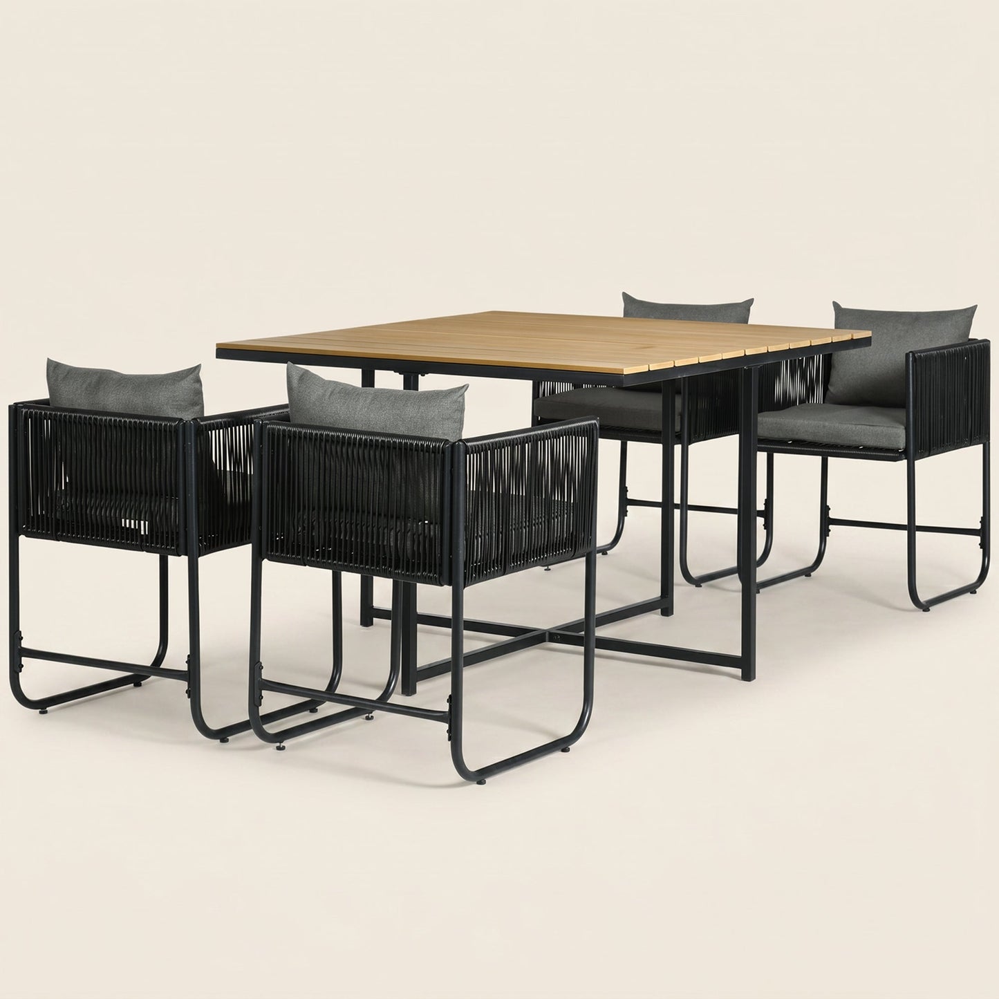 ARVOYA 4 Seater Rattan Garden Furniture Set with Armchairs, Cushions & Wood Grain Top Table, Black
