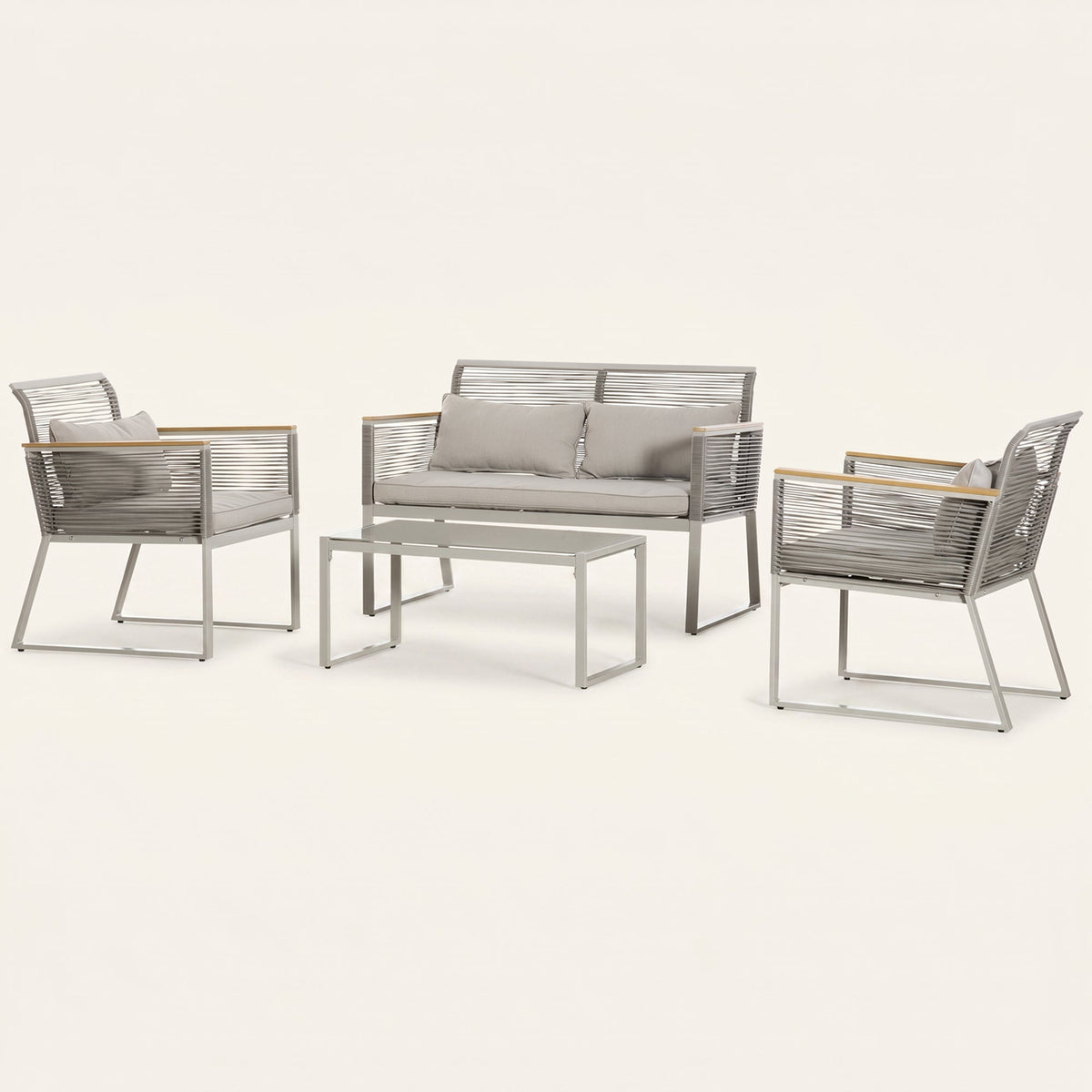 ARVOYA 4 Piece Rattan Garden Furniture Set with Cushions & Glass Top Table, Grey