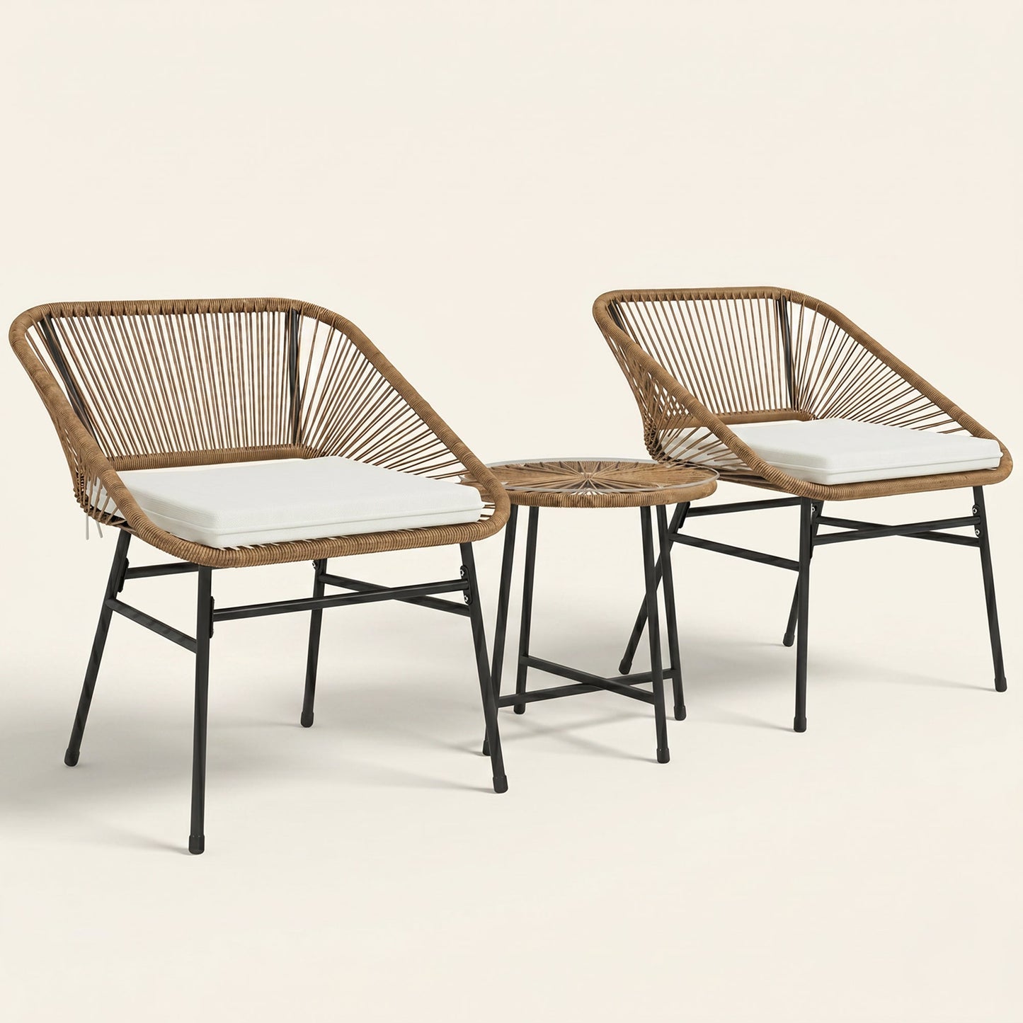 ARVOYA 3 Pieces Garden Rattan Bistro Set with Chairs, Glass Top Table & Cushions, Natural