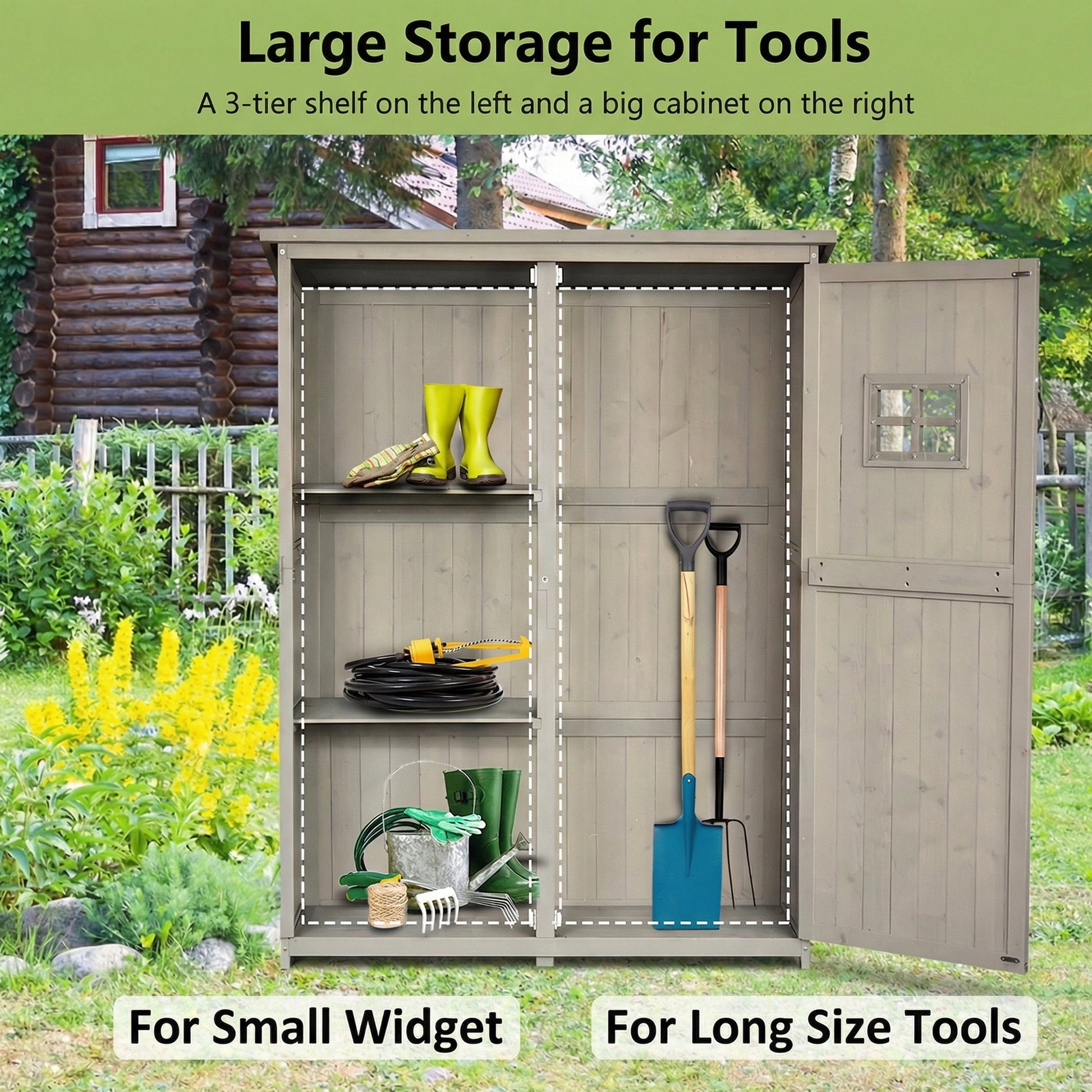 Outdoor storage shed with tools on shelves and a cabinet, set against a garden background.