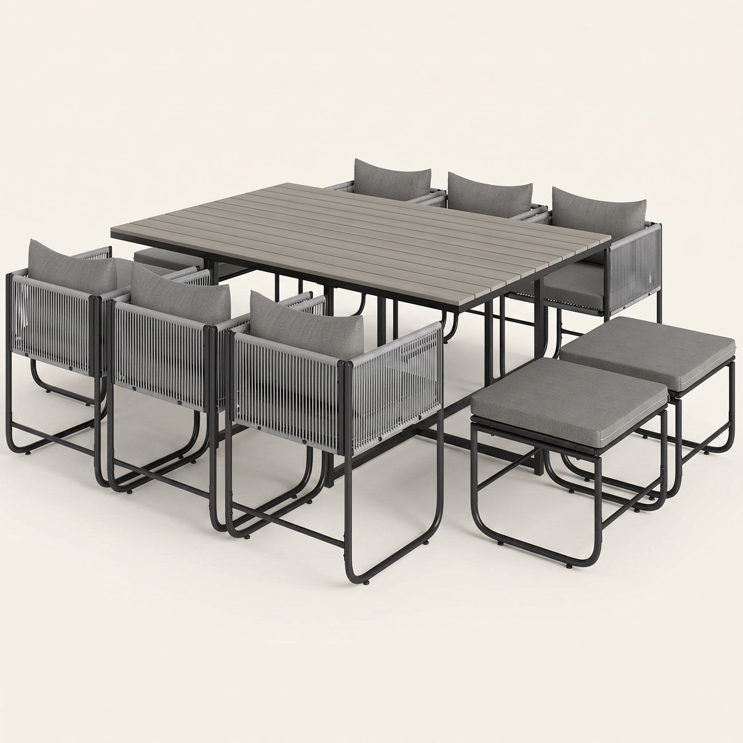 ARVOYA 10 Seater Rattan Garden Furniture Set with 6 Armchairs, 4 Stools & Wood Grain Top Table, Grey