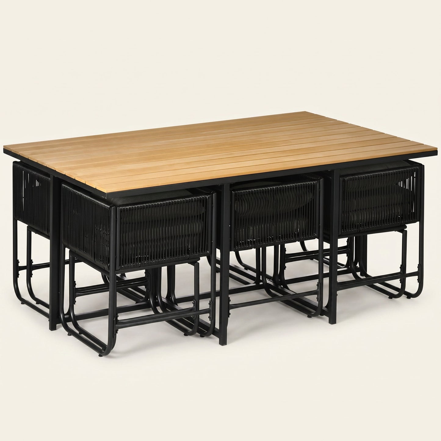 ARVOYA 10 Seater Rattan Garden Furniture Set with 6 Armchairs, 4 Stools & Wood Grain Top Table, Black