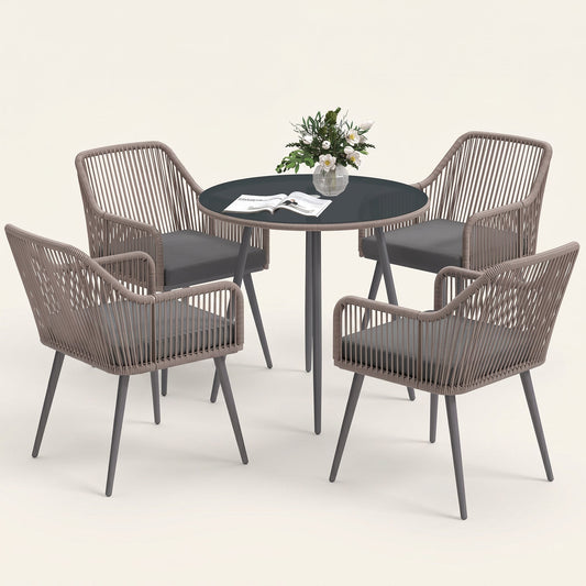 ARVOYA 4 Seater Rattan Dining Set with Parasol Hole & Cushions for Patio, Garden, Light Brown