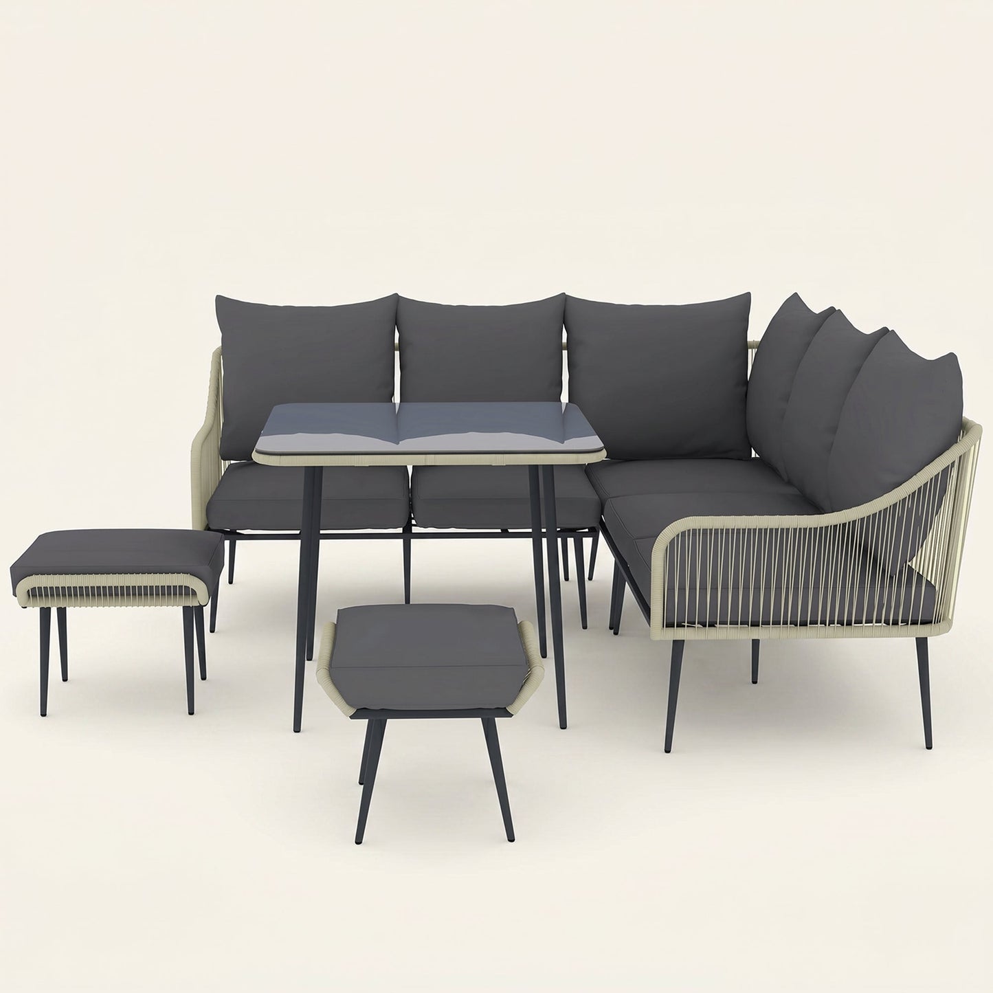 ARVOYA 6 Pieces Garden Corner Rattan Sofa Set w/ Thickened Cushions and Glass Top Table, Light Grey