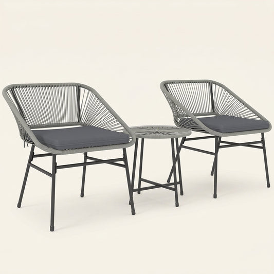 ARVOYA 3 Pieces Garden Rattan Bistro Set with Chairs, Glass Top Table & Cushions, Light Grey