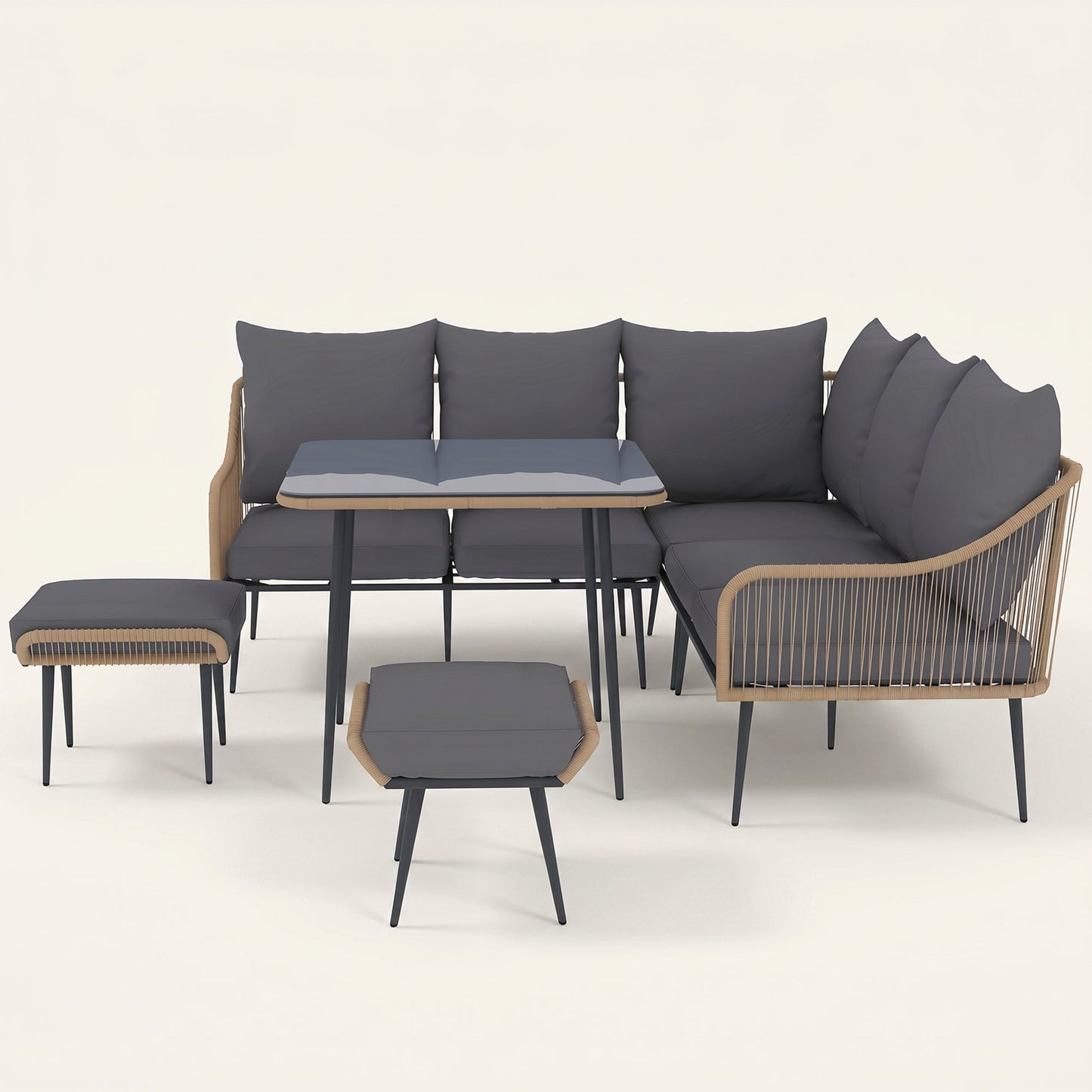 ARVOYA 6 Pieces Garden Corner Rattan Sofa Set w/ Thickened Cushions and Glass Top Table, Light Brown